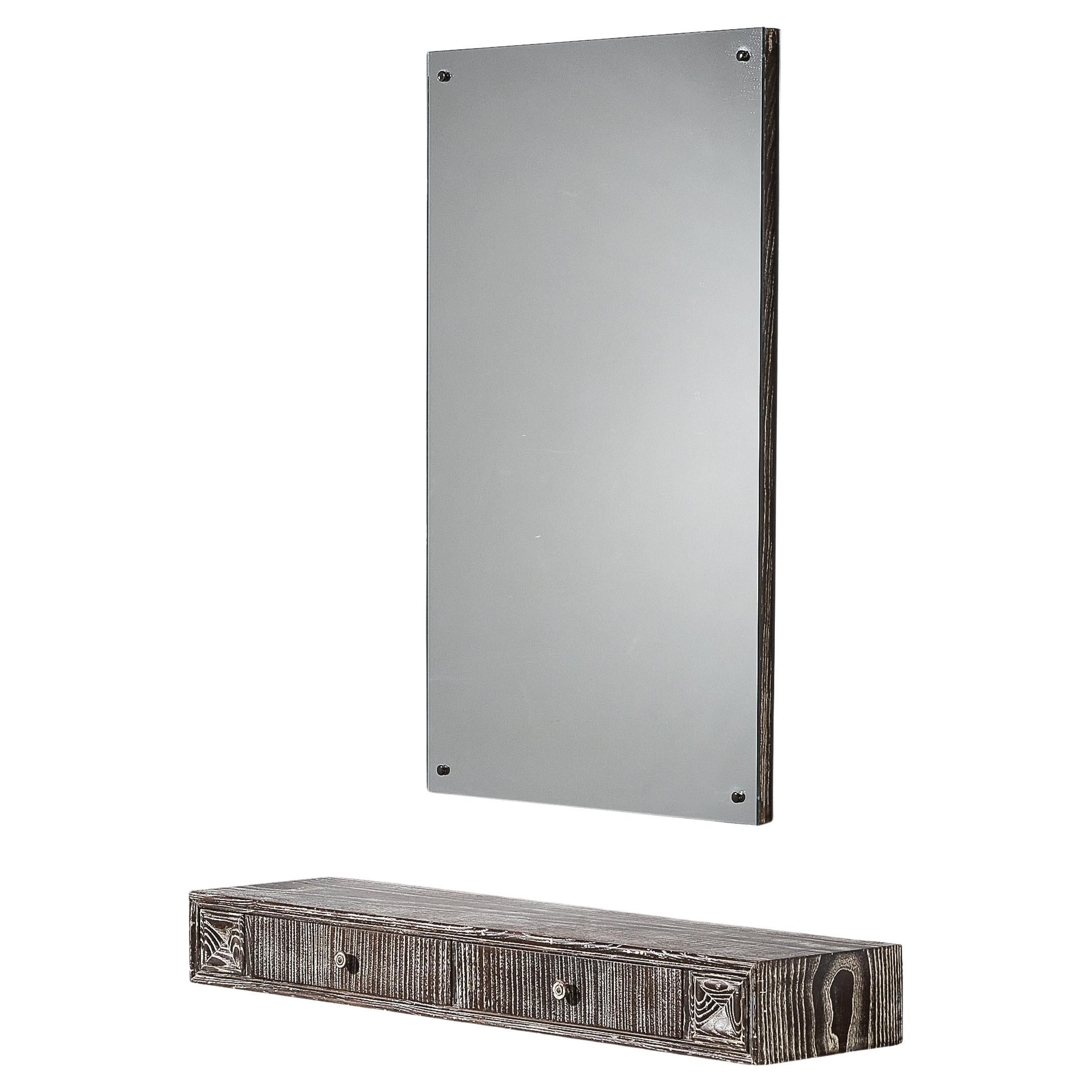 Unique Italian Wall-Mounted Console with Mirror in Cerused Chestnut For Sale