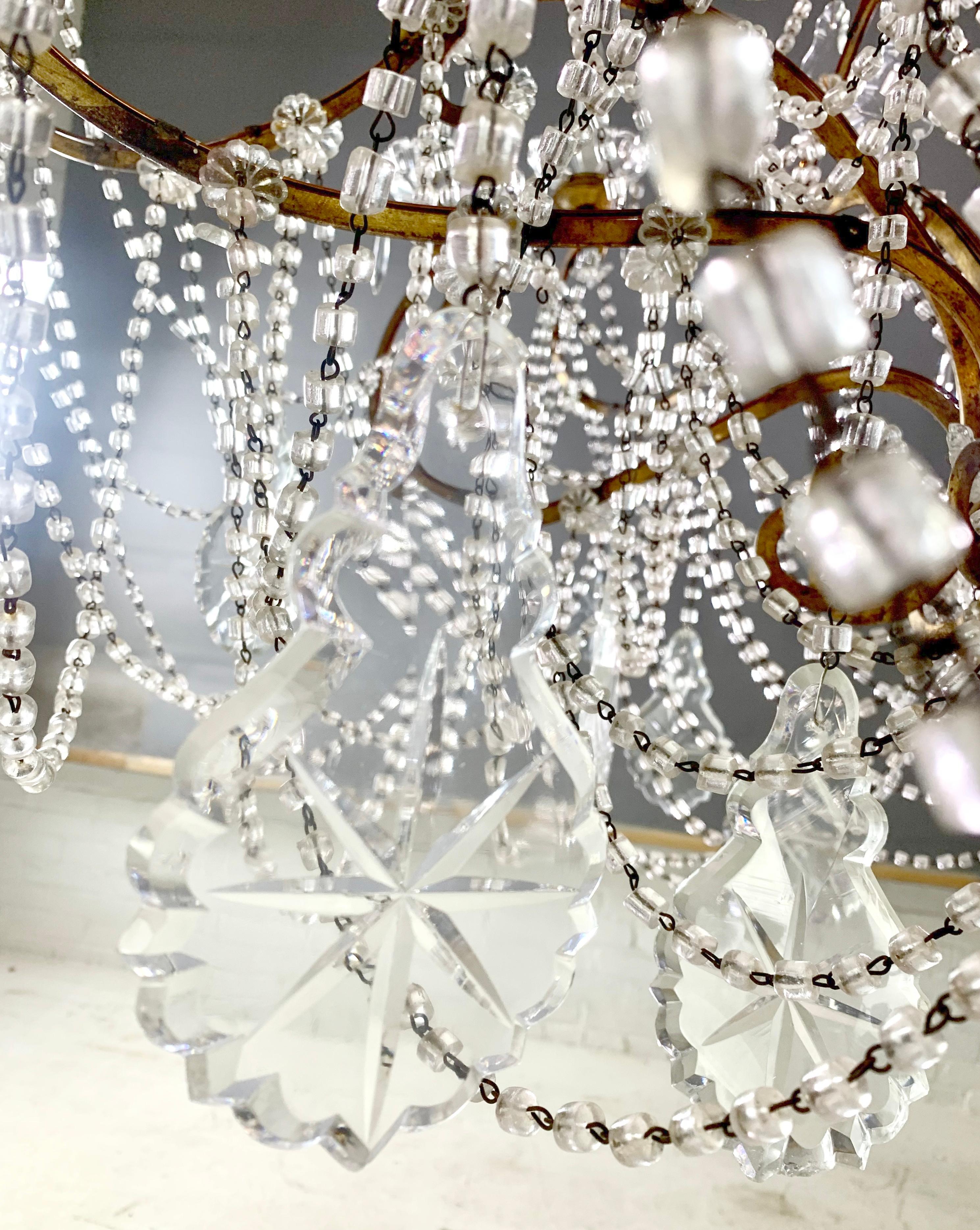 Unique Italian Wood Gilded Iron Beaded Crystal Chandelier w/ 18 Lights For Sale 4