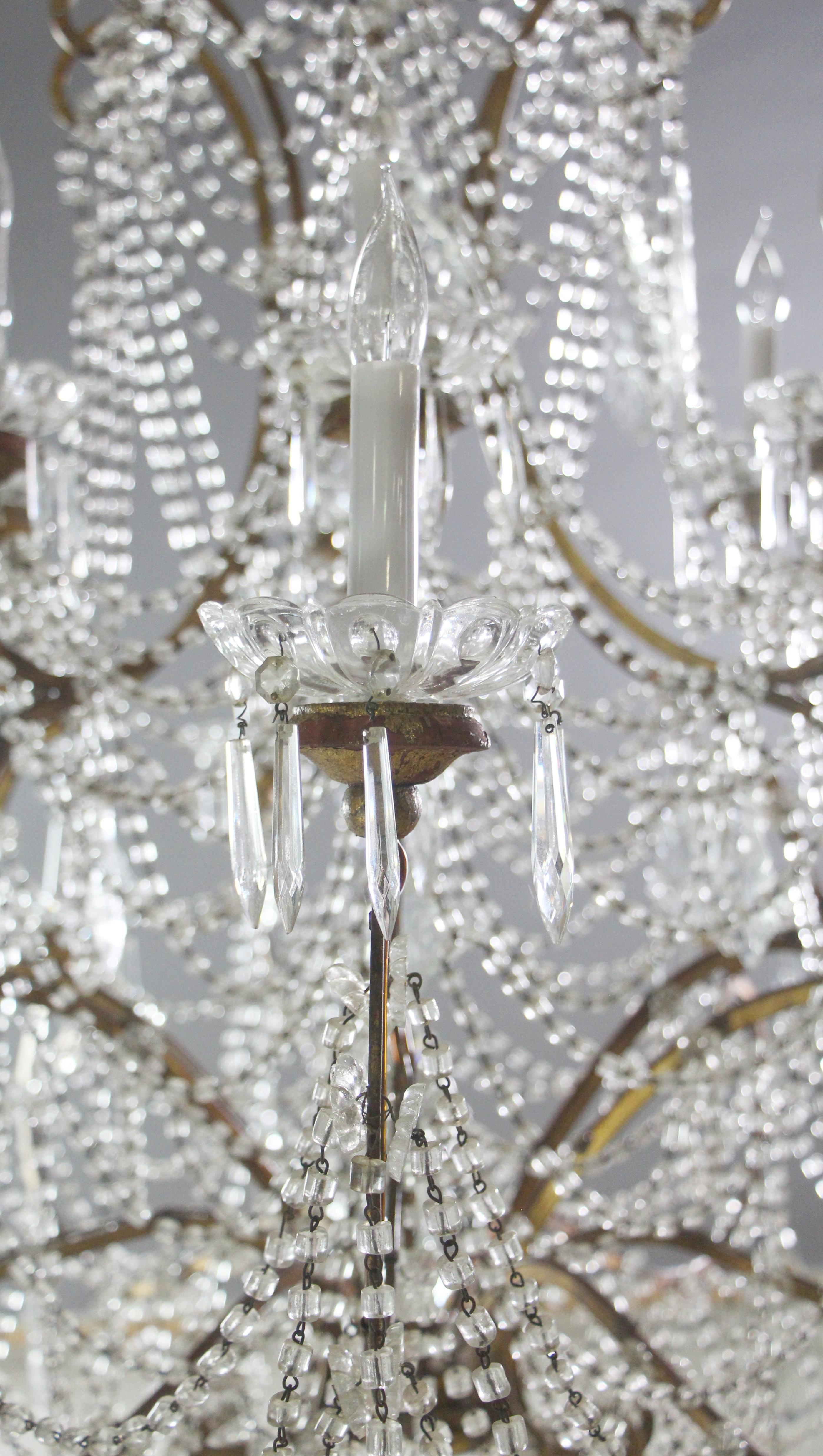 Unique Italian Wood Gilded Iron Beaded Crystal Chandelier w/ 18 Lights For Sale 5