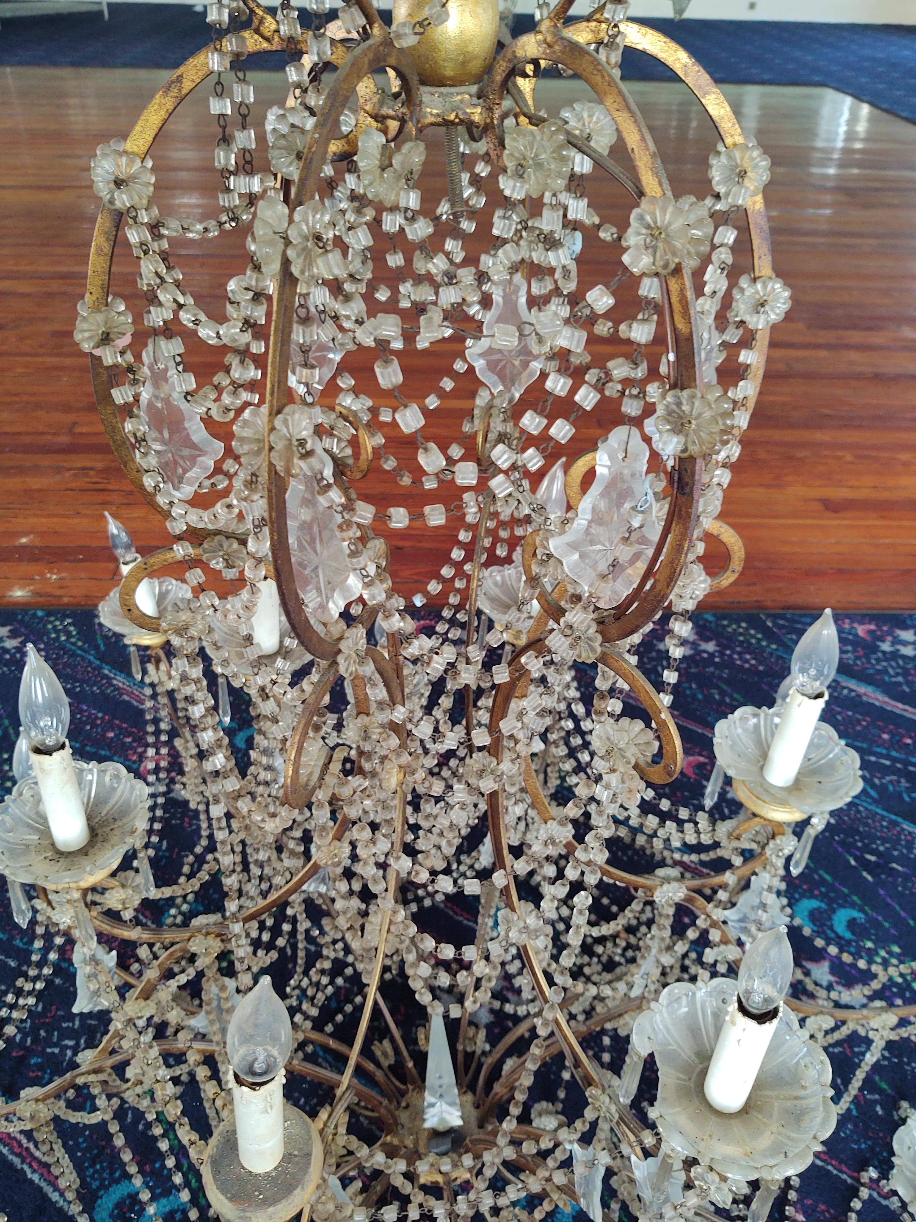 Unique Italian Wood Gilded Iron Beaded Crystal Chandelier w/ 18 Lights For Sale 11