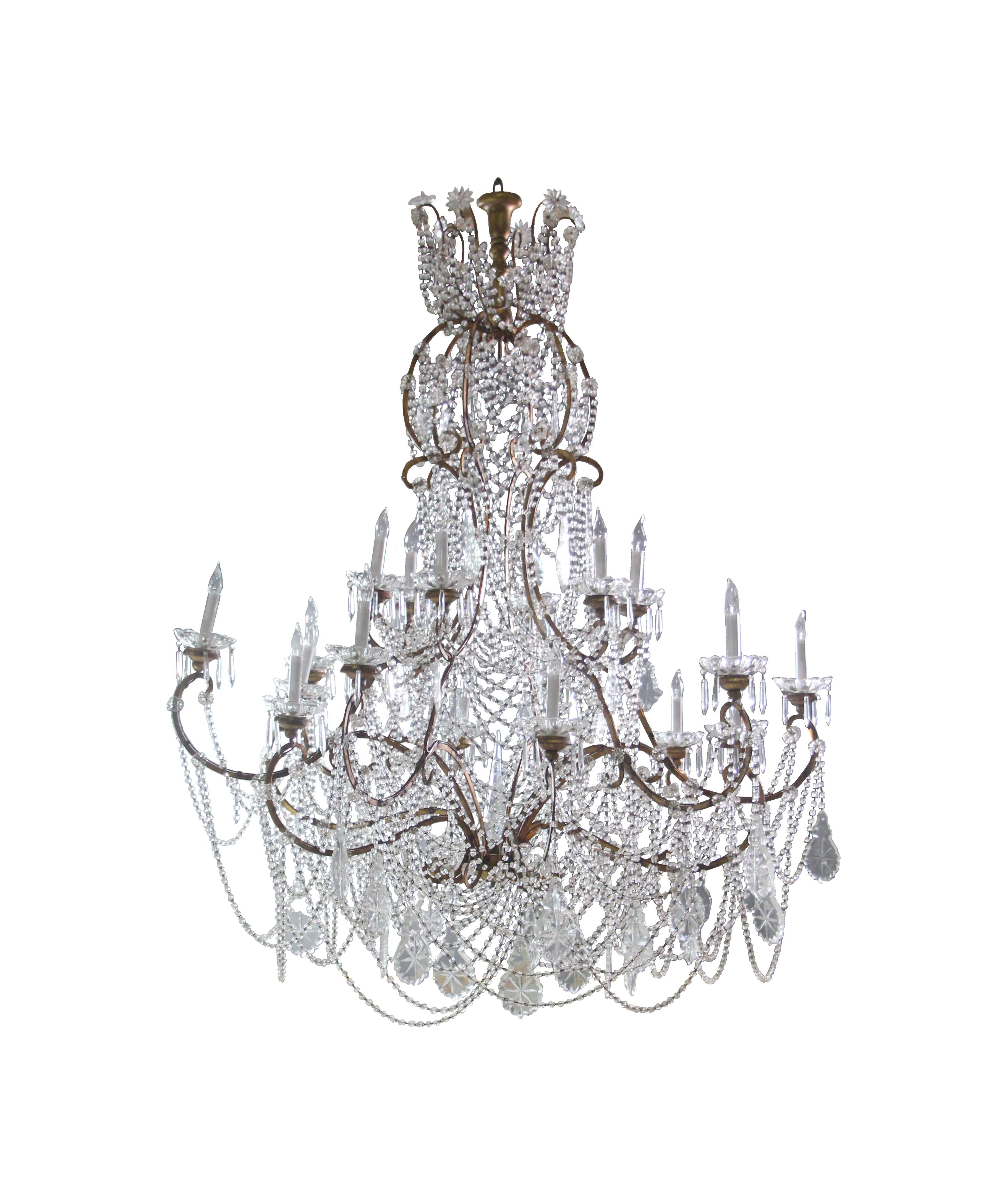 Stunning Italian crystal chandelier recovered from one of Brooklyn, New York's most prestigious ballroom and entertainment halls; The Grand Prospect Hall, formally located on Prospect Avenue. It has an elegant style with 18 lights complemented with