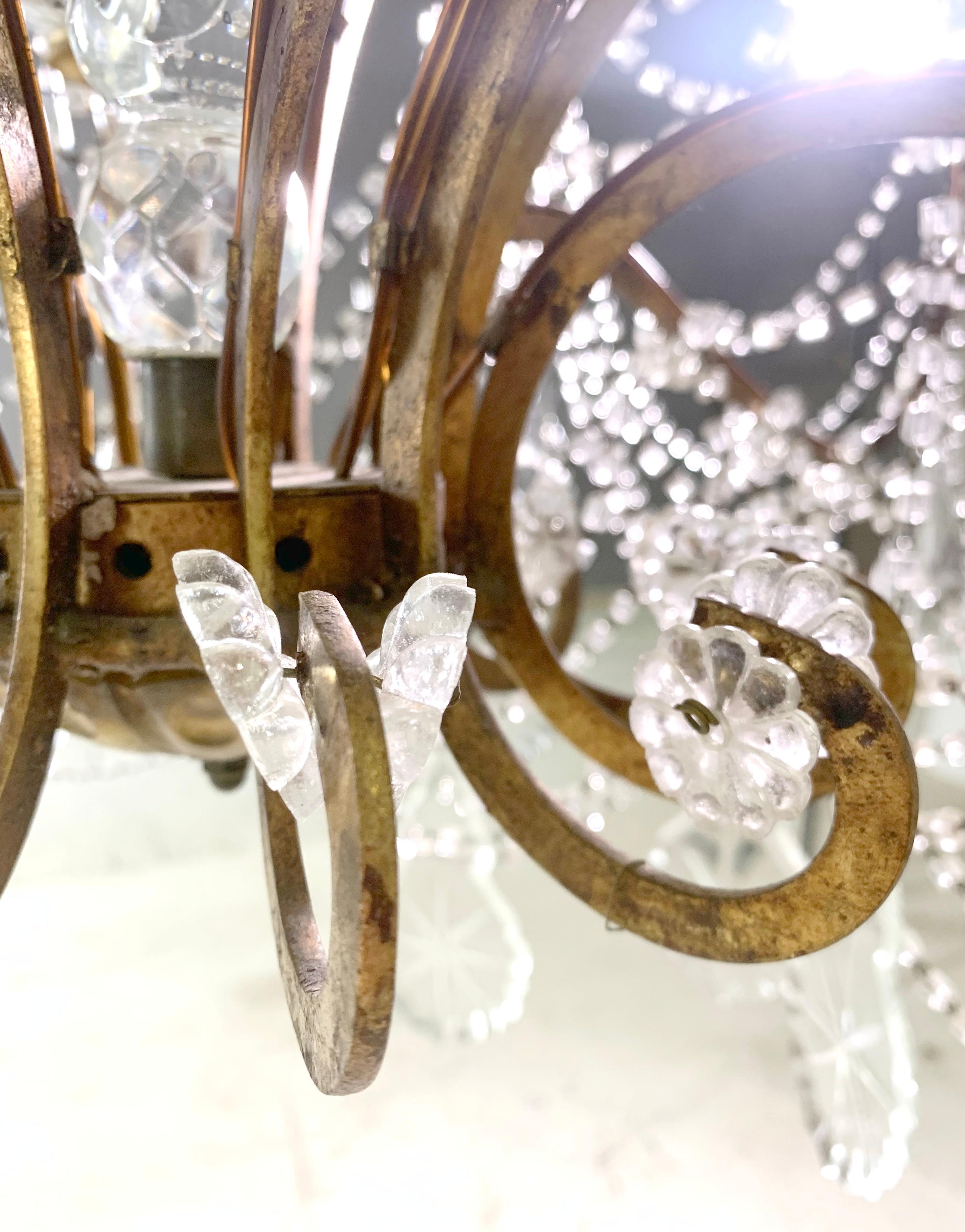 Steel Unique Italian Wood Gilded Iron Beaded Crystal Chandelier w/ 18 Lights For Sale