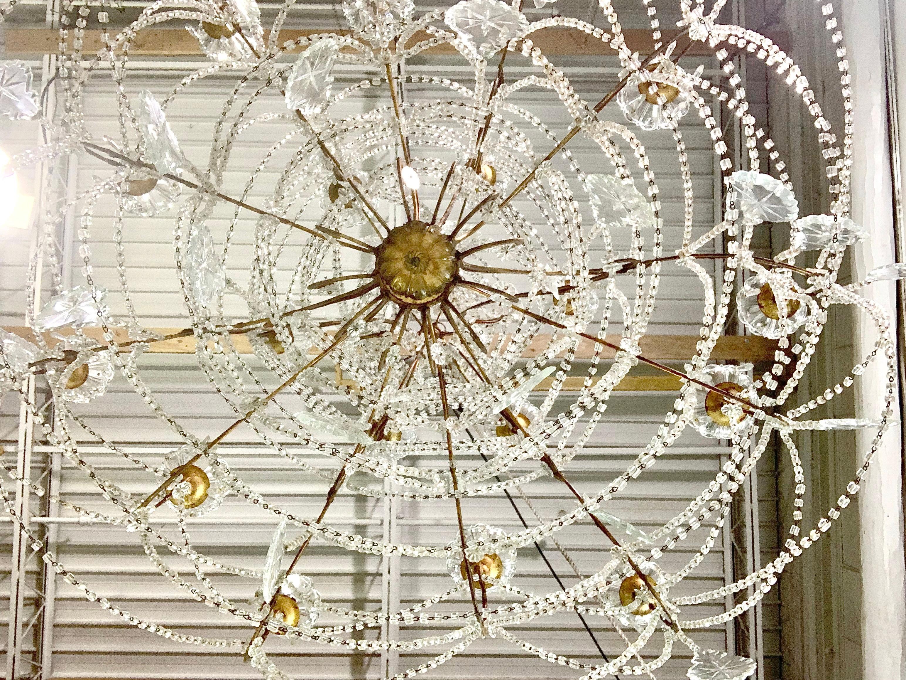 Unique Italian Wood Gilded Iron Beaded Crystal Chandelier w/ 18 Lights For Sale 1