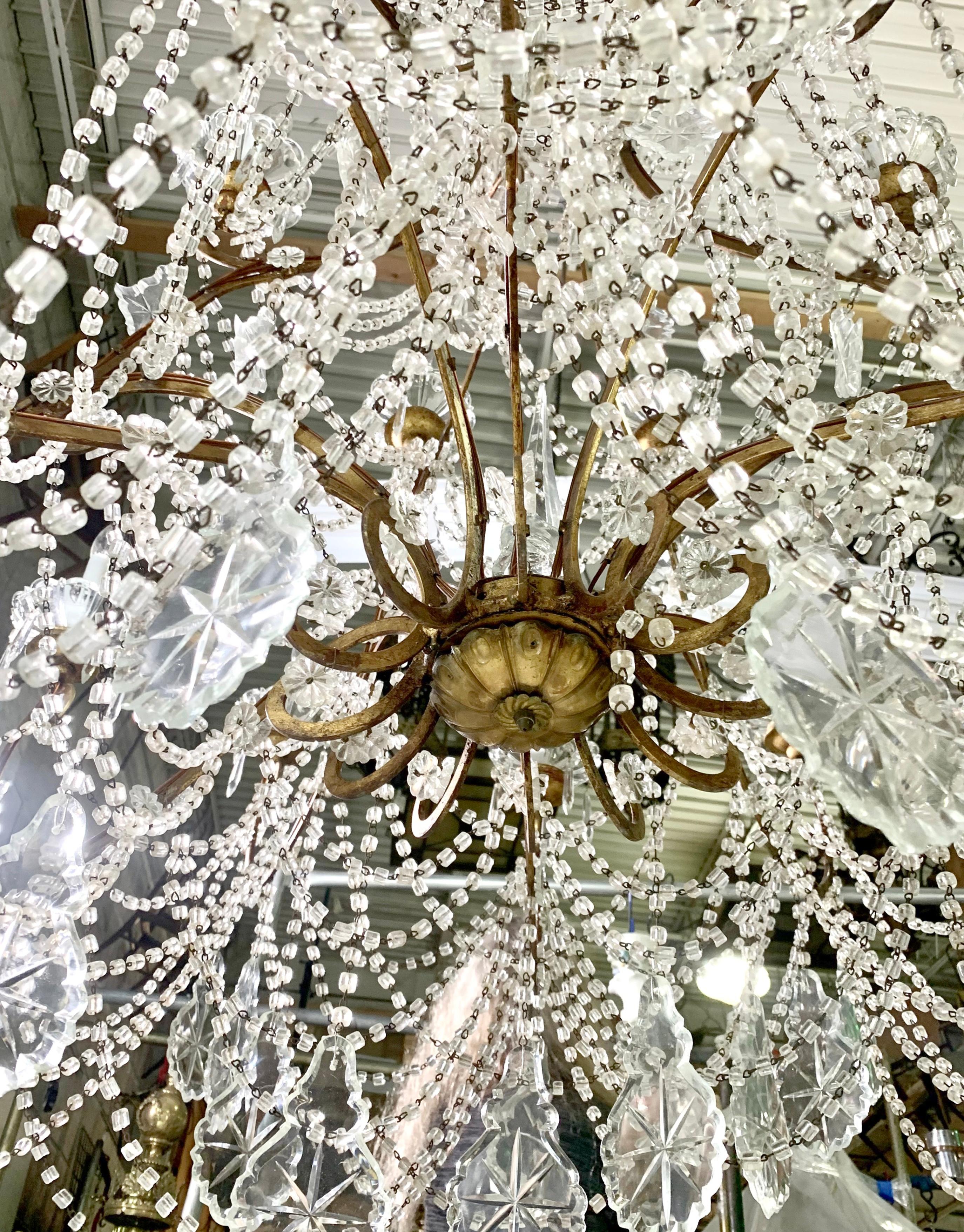 Unique Italian Wood Gilded Iron Beaded Crystal Chandelier w/ 18 Lights For Sale 3