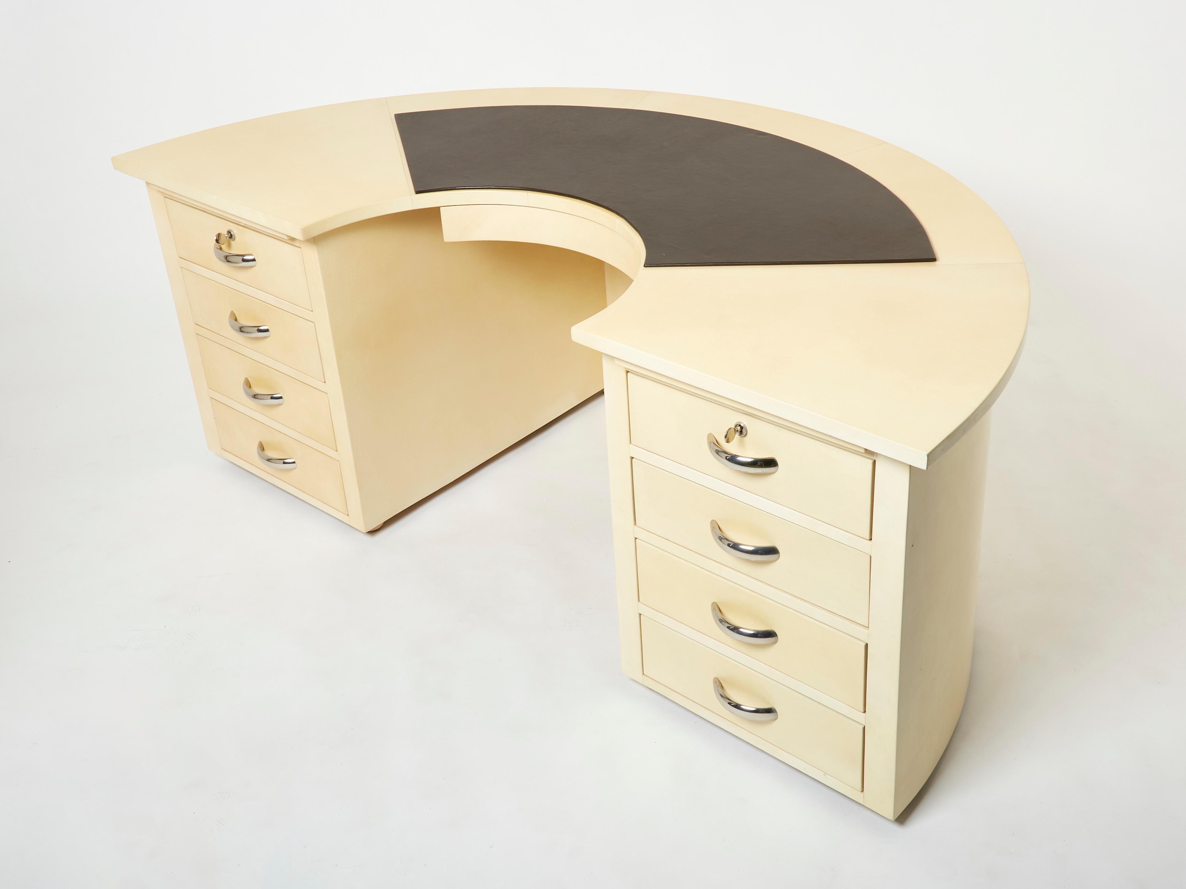 French Unique Jacques Adnet Curved Parchment Desk 1940