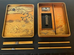 Unique Japanese Lacquer Maki-e Suzuribako with Woven Bamboo Cover with Tomobako