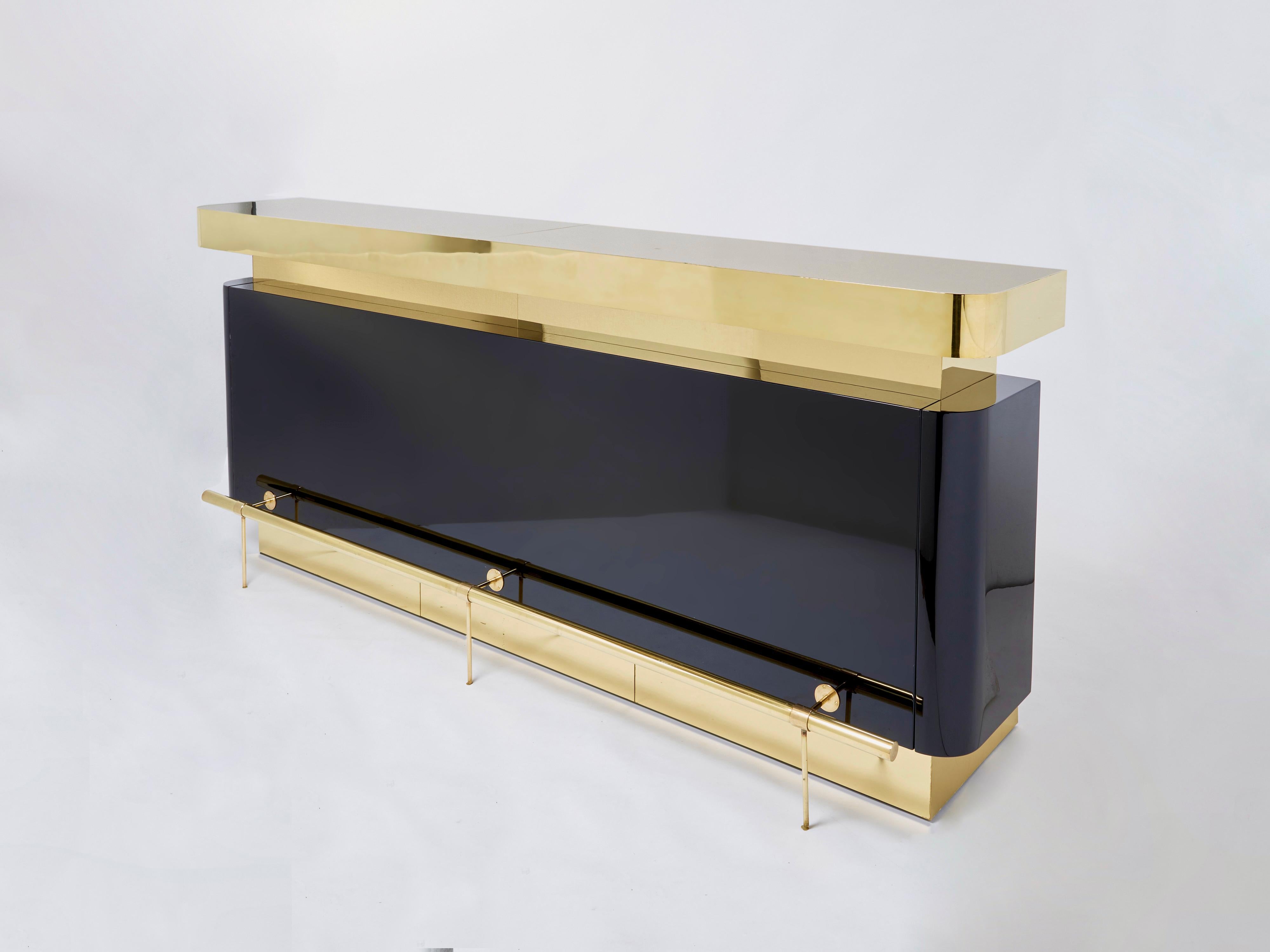 Mid-Century Modern Unique J.C. Mahey Black Lacquered Brass Bar Cabinet Counter 1970s For Sale