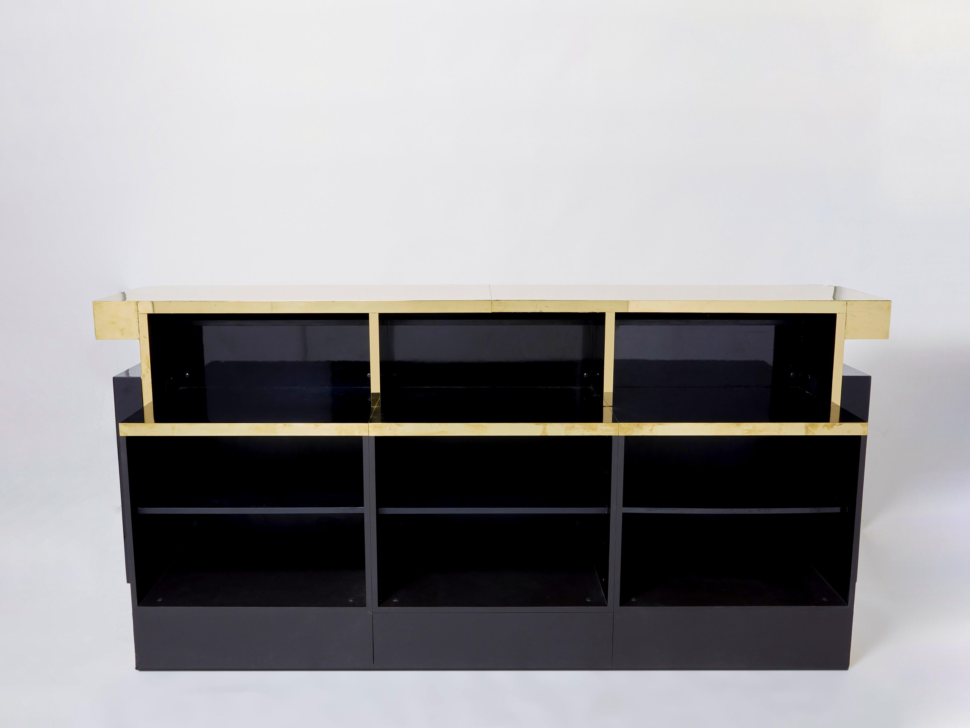French Unique J.C. Mahey Black Lacquered Brass Bar Cabinet Counter 1970s For Sale