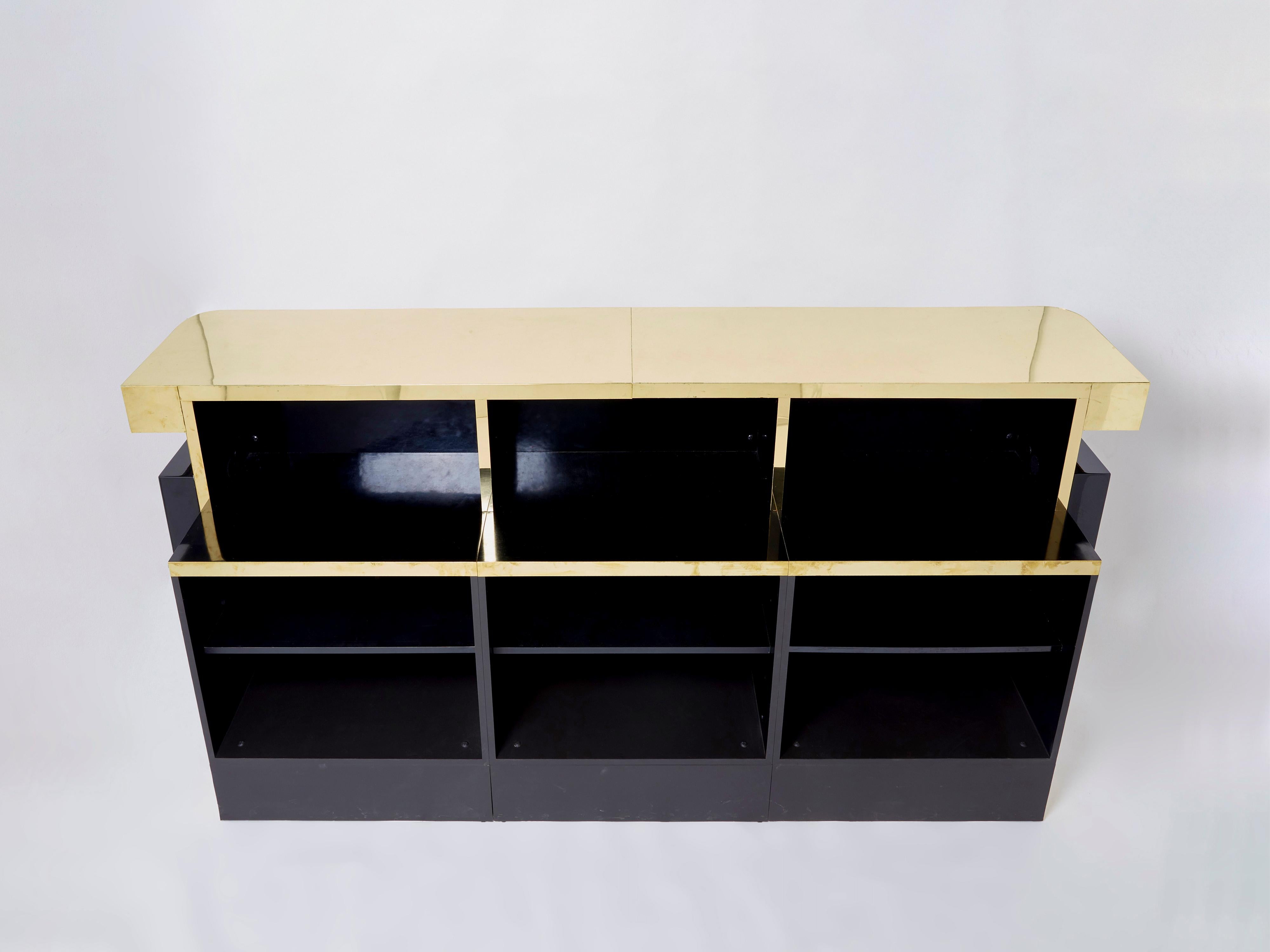Late 20th Century Unique J.C. Mahey Black Lacquered Brass Bar Cabinet Counter 1970s For Sale