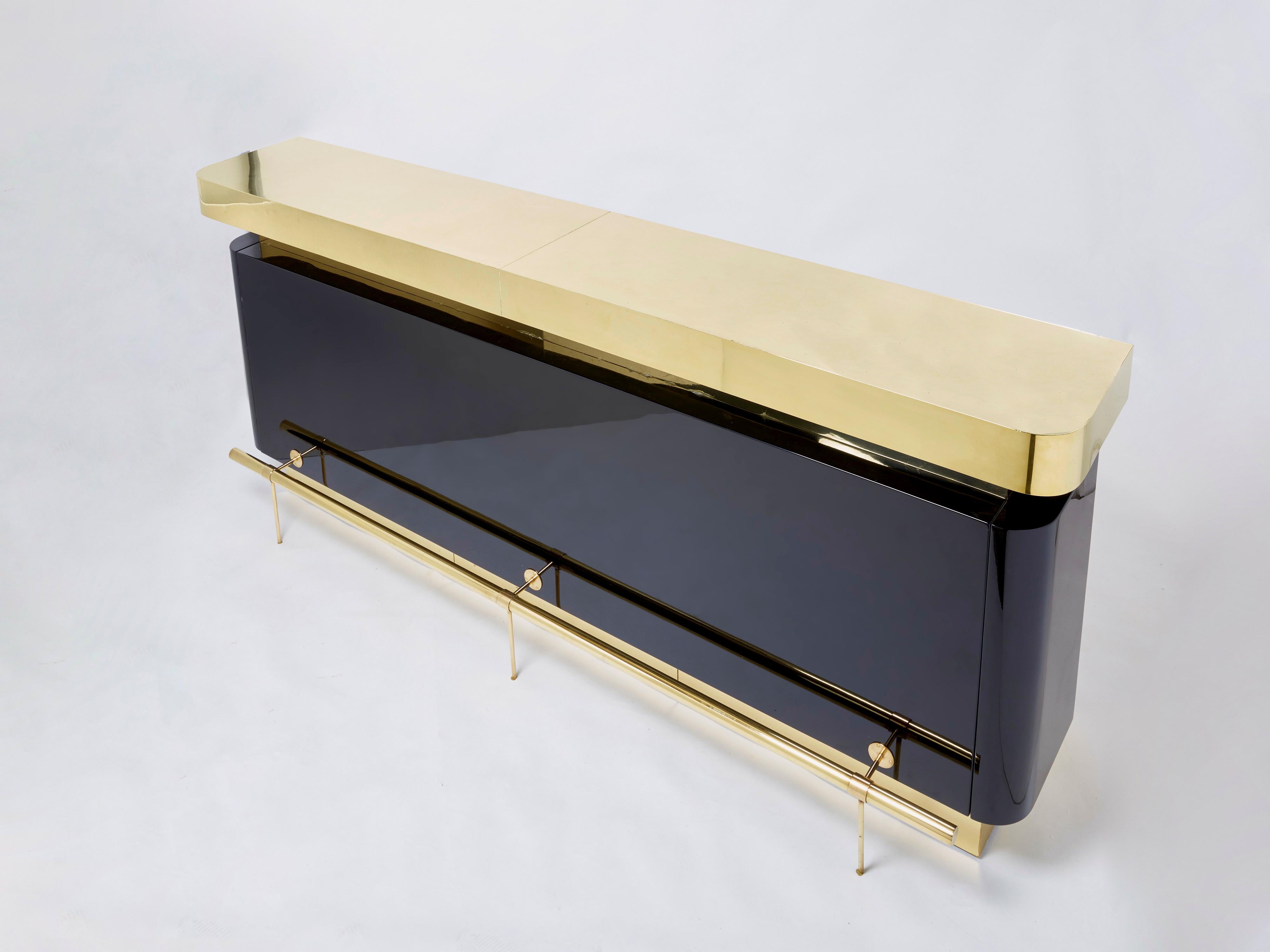 Unique J.C. Mahey Black Lacquered Brass Bar Cabinet Counter 1970s For Sale 3
