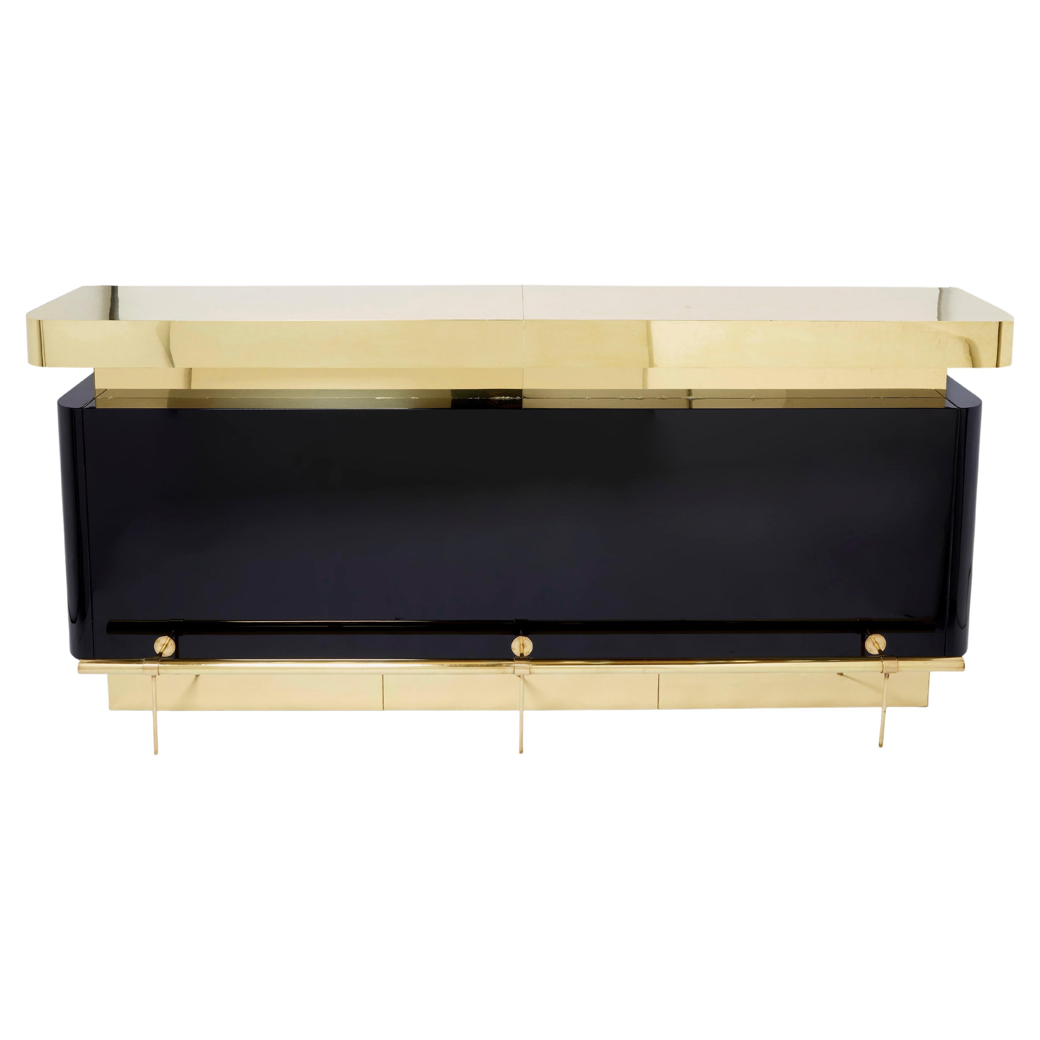 Unique J.C. Mahey Black Lacquered Brass Bar Cabinet Counter 1970s