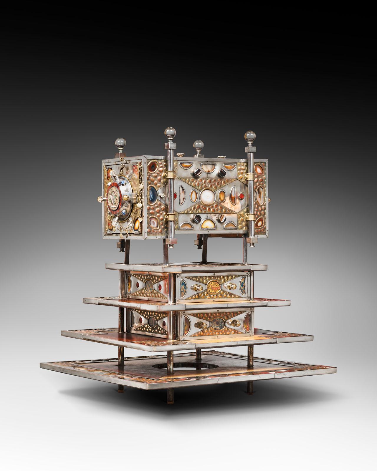 Daniel Arnoul, Jewelry cabinet 1995, measures: H 75 cm, L 68 cm, D 63, 5 cm, steel, silver, copper, semi-precious stones, agate, cornaline, rock crystal, precious woods, one of a kind, dated, signed
Exhibited at 2001: Galerie Sémaphore, Nîmes,