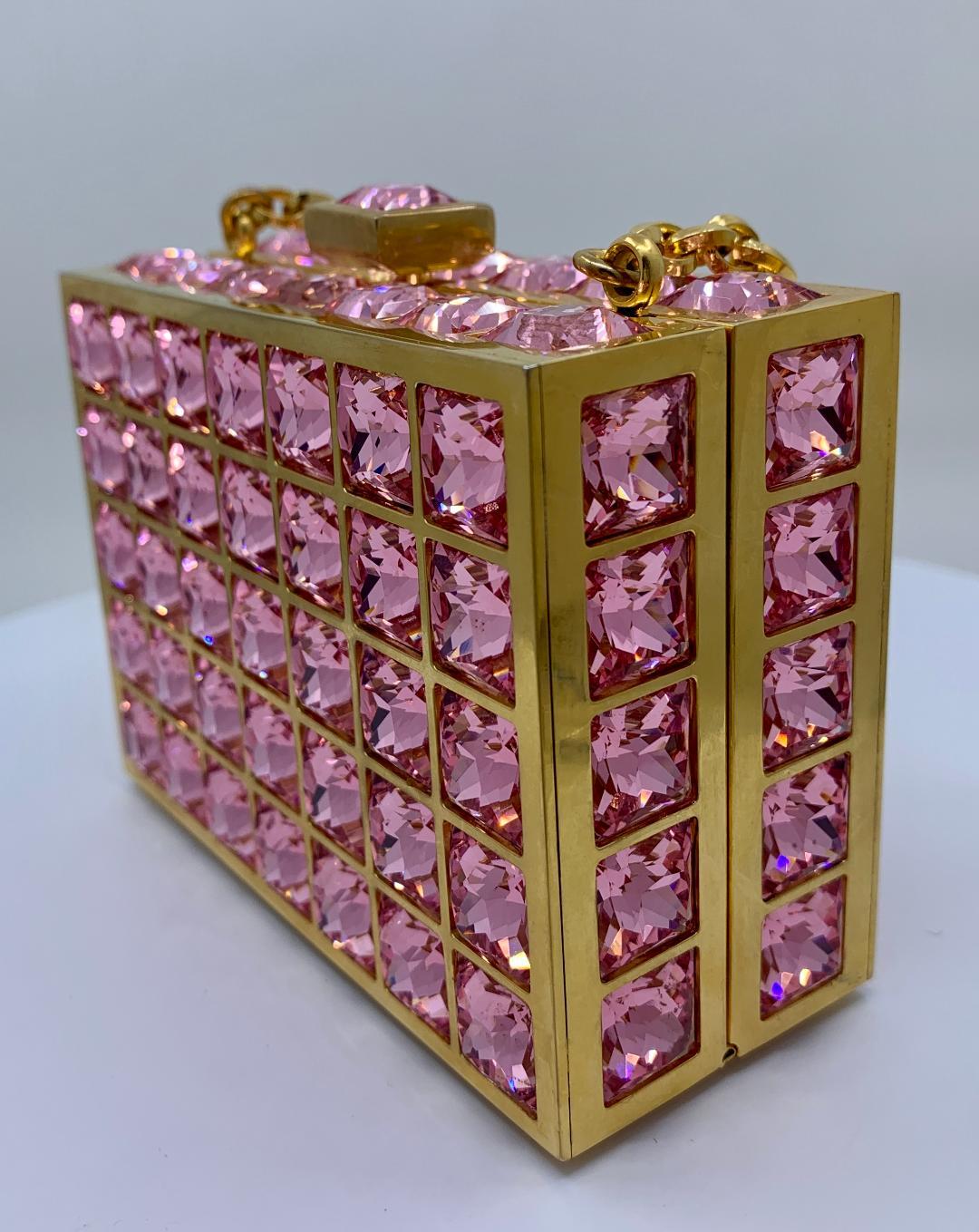 Brown Unique Judith Leiber Pink Ice Cube Crystal Minaudiere Evening Bag 