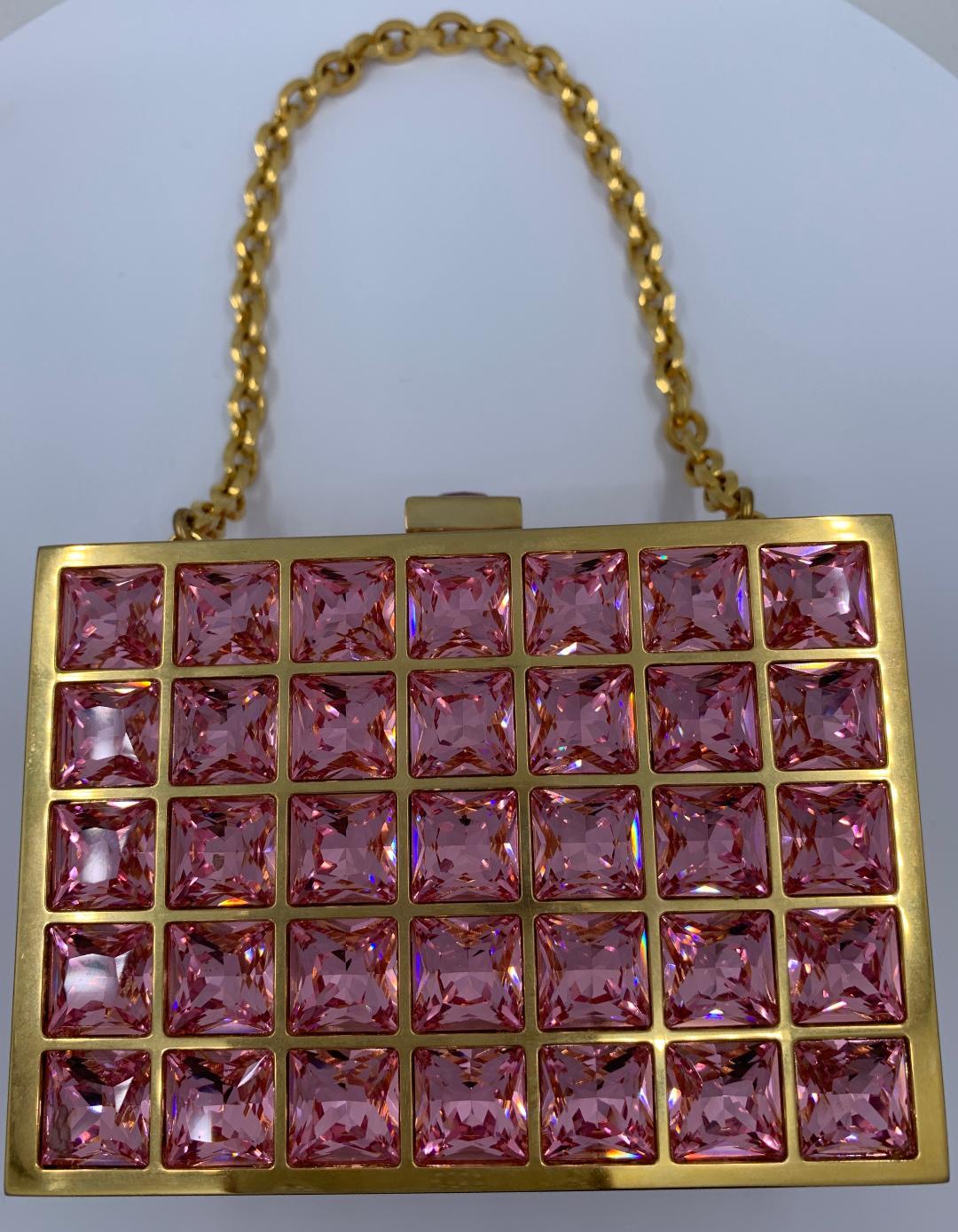 Unique Judith Leiber Pink Ice Cube Crystal Minaudiere Evening Bag  In Good Condition In Tustin, CA
