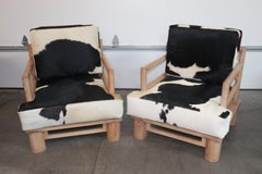 Unique Karl Springer Style Elephant Club Chairs in Oak and Cowhide
