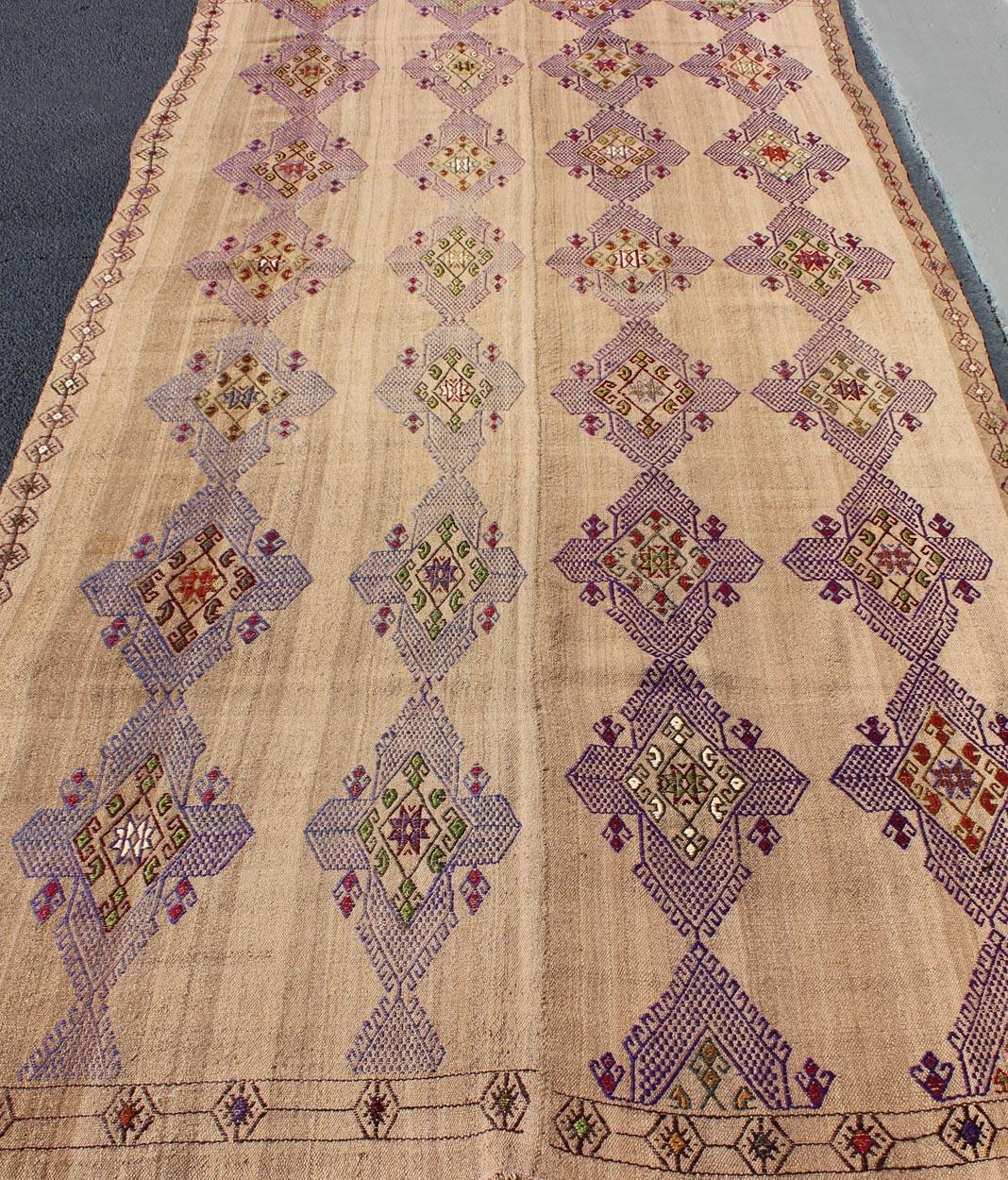 Turkish Kilim Hand Woven Embroidered Purple Diamonds on a Tan Background For Sale 1