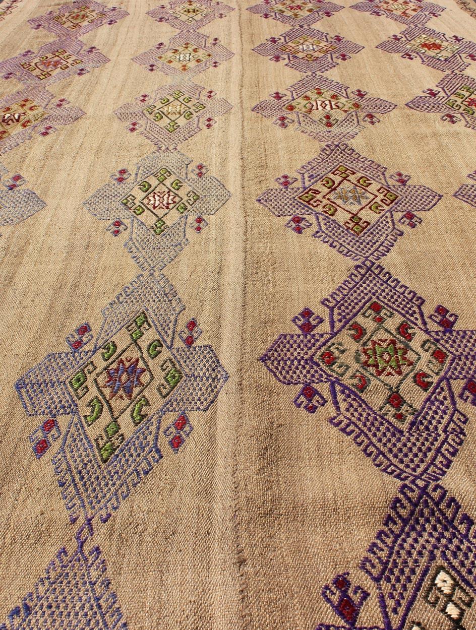 Turkish Kilim Hand Woven Embroidered Purple Diamonds on a Tan Background For Sale 2
