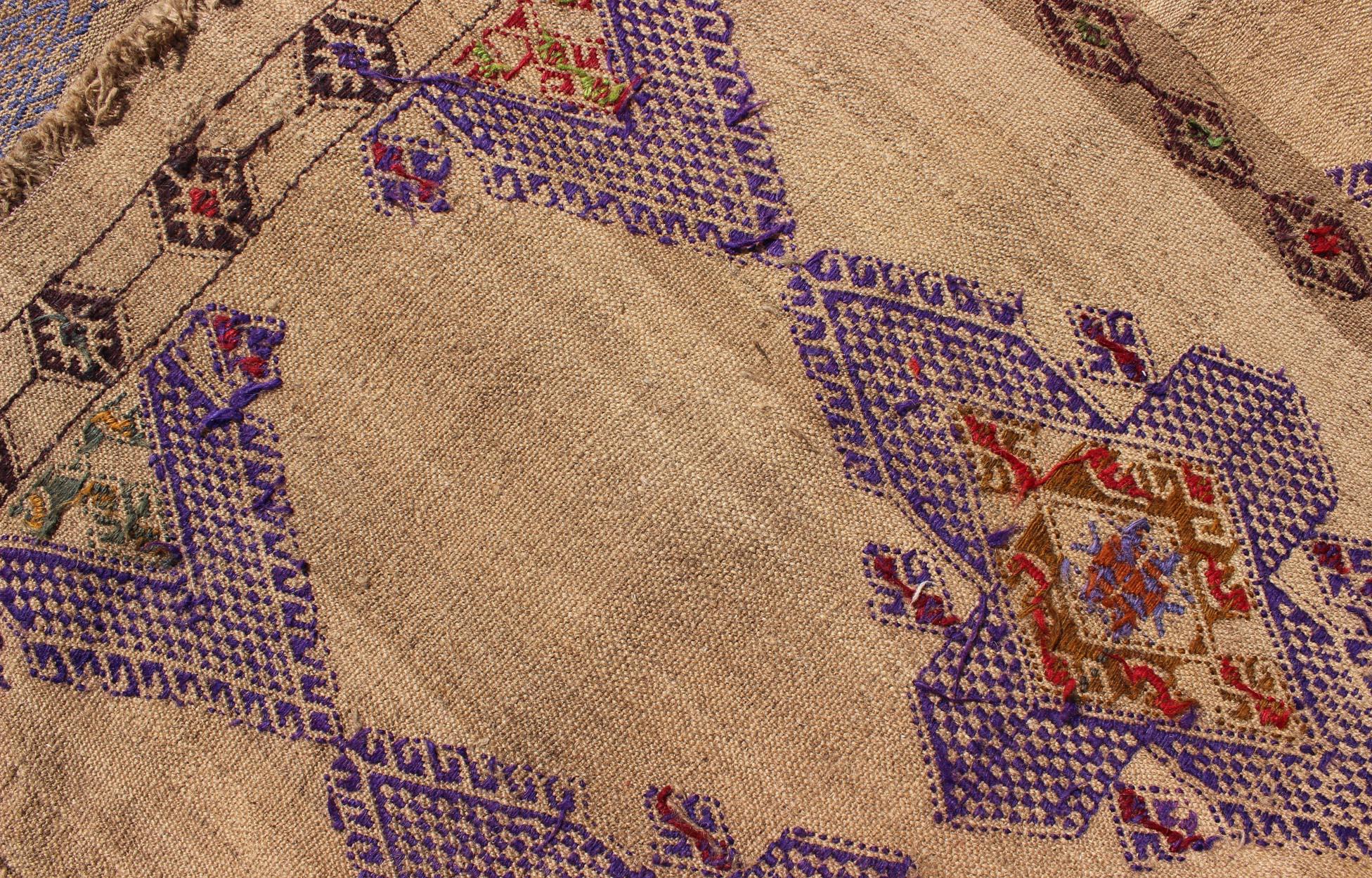 Turkish Kilim Hand Woven Embroidered Purple Diamonds on a Tan Background For Sale 3