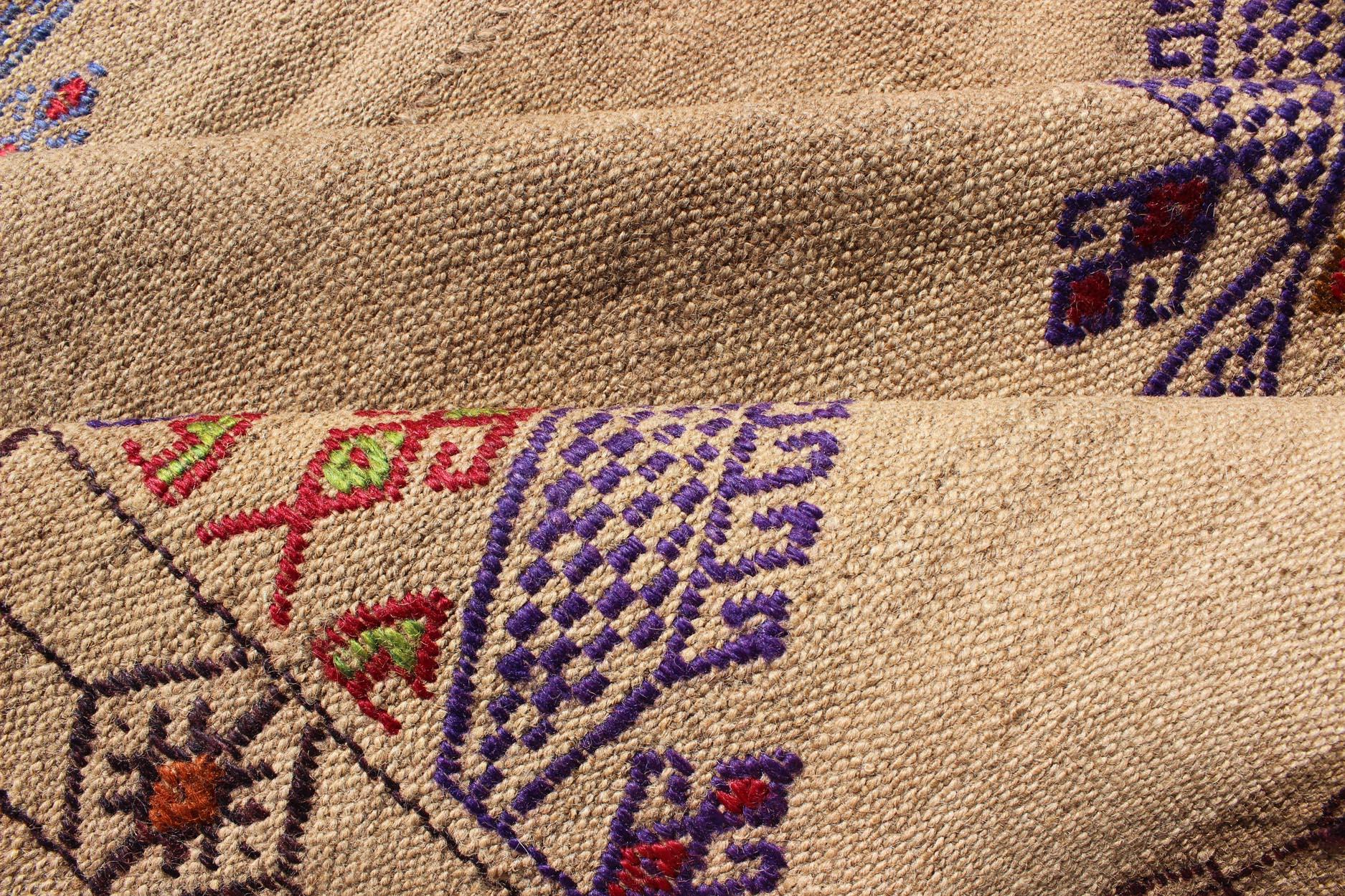 Turkish Kilim Hand Woven Embroidered Purple Diamonds on a Tan Background For Sale 4