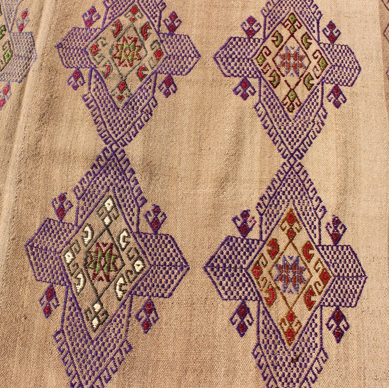 20th Century Turkish Kilim Hand Woven Embroidered Purple Diamonds on a Tan Background For Sale