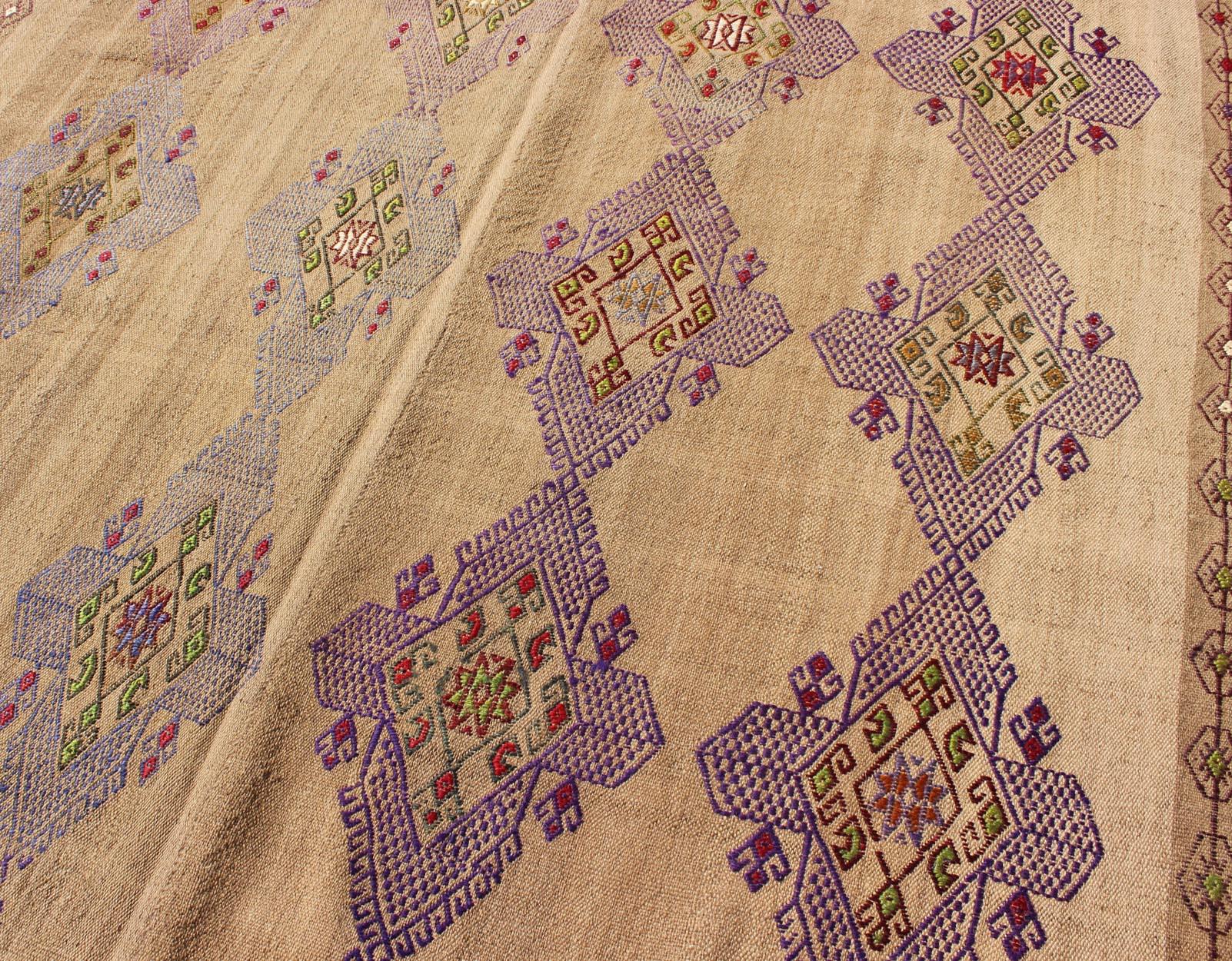 Wool Turkish Kilim Hand Woven Embroidered Purple Diamonds on a Tan Background For Sale