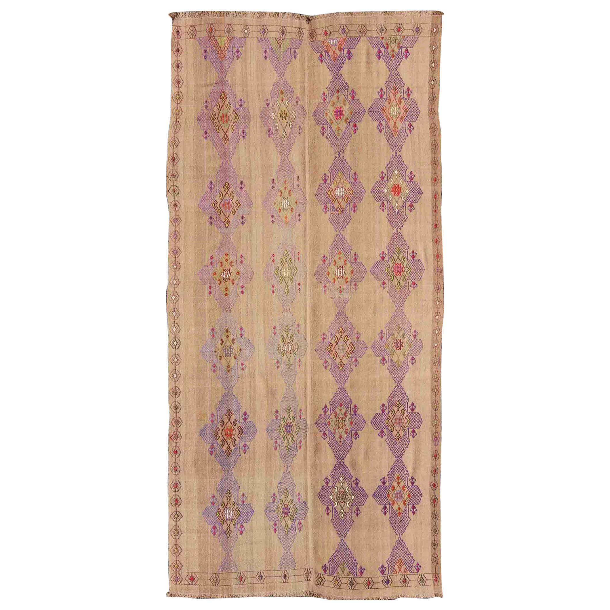 Turkish Kilim Hand Woven Embroidered Purple Diamonds on a Tan Background For Sale