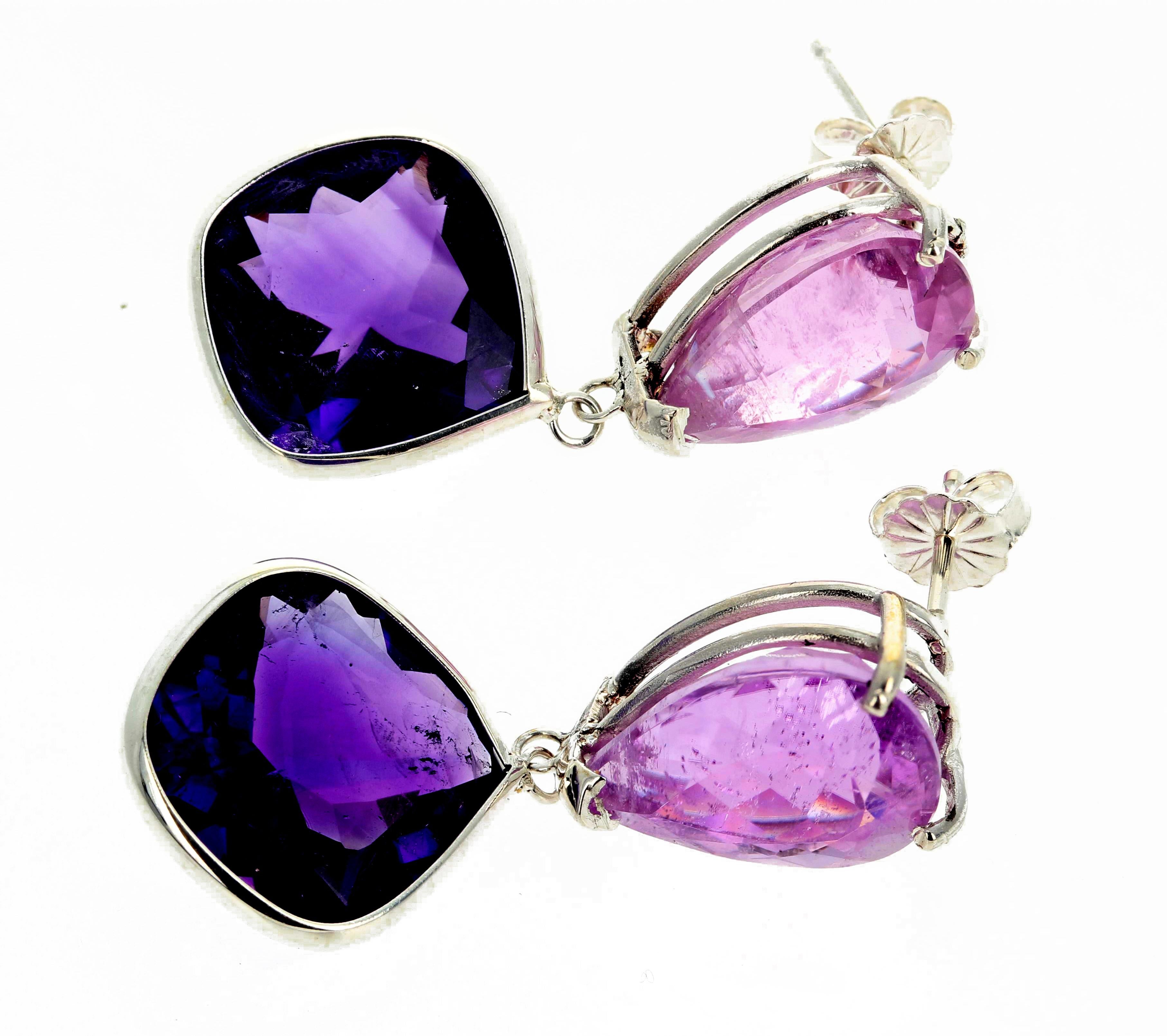 Beautiful 16.69 carats of tear drop Kunzites dangle glittering brilliant 15.30 carats of Amethysts with pinky sparkles set in sterling silver stud earrings that dangle approximately 1 1/2 inches long.  If you wish faster delivery on your purchase