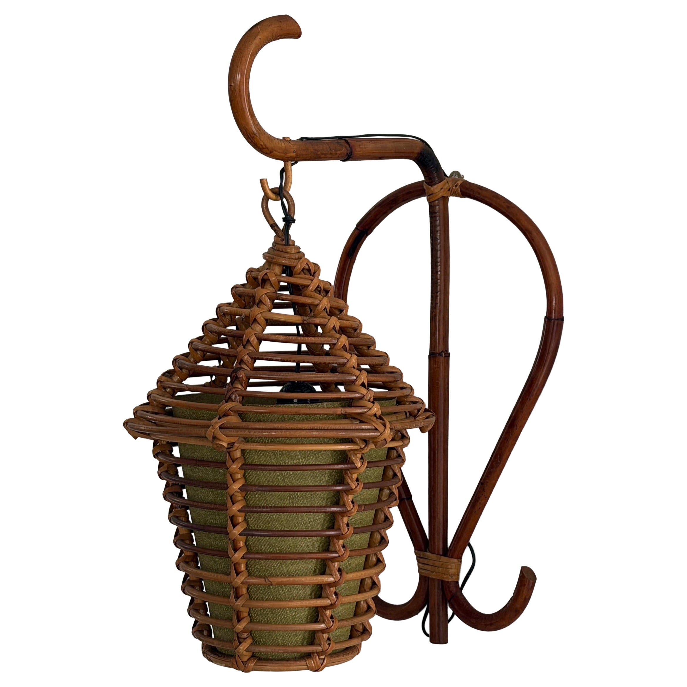 Unique Lantern Design Italian Bamboo and Fabric Single Wall Sconce, 1960s, Italy For Sale