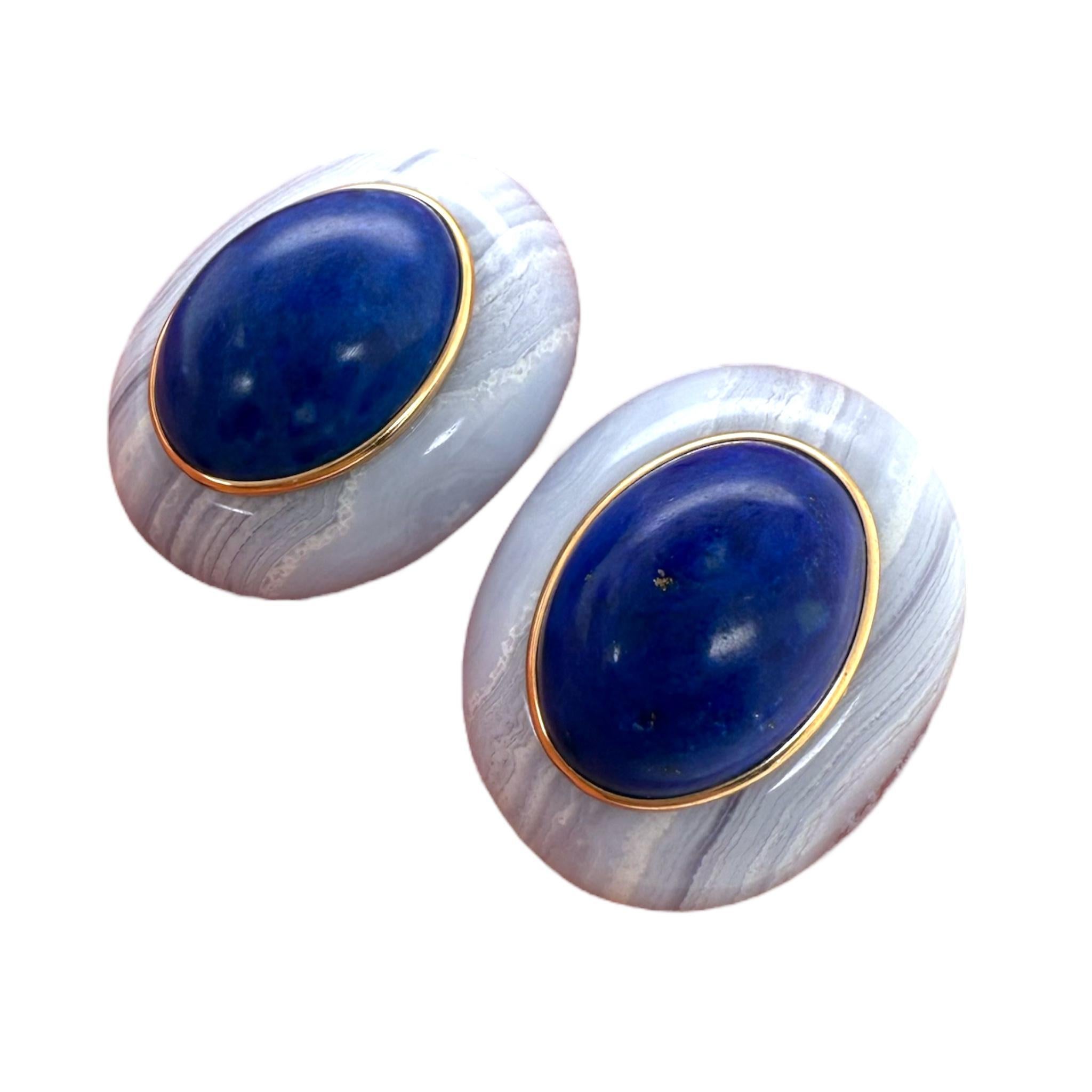 Taille cabochon Boucles d'oreilles uniques en Lapis et Agate Bleue 14K en vente