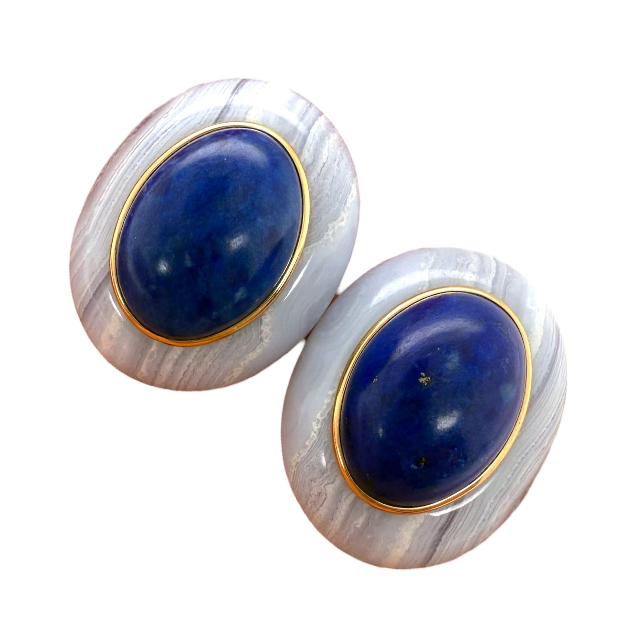 Boucles d'oreilles uniques en Lapis et Agate Bleue 14K Excellent état - En vente à Montgomery, AL