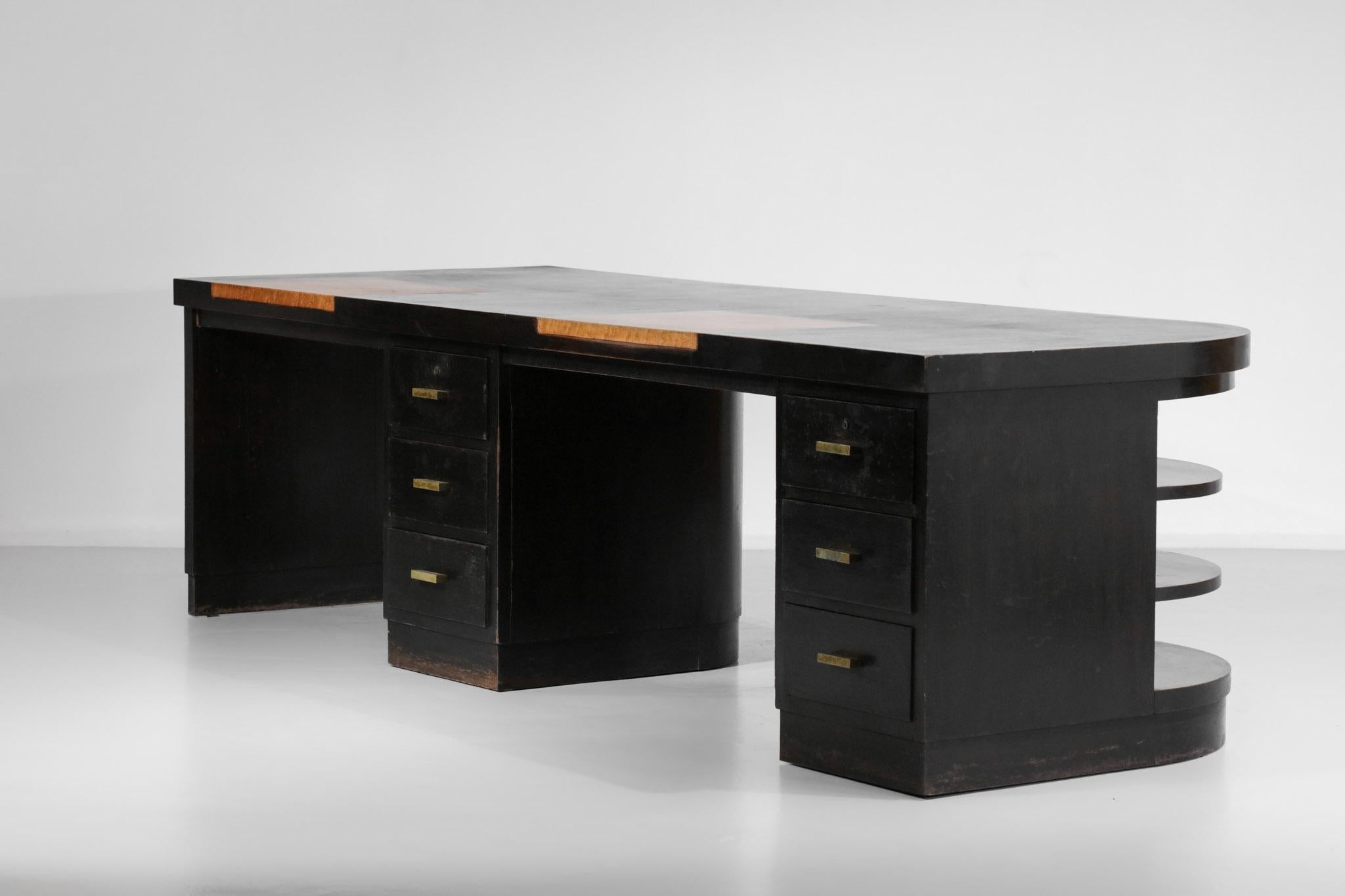 French Unique Large 40's Pierre Pouradier Duteil Desk in Blackened Wood Modernist, 1940