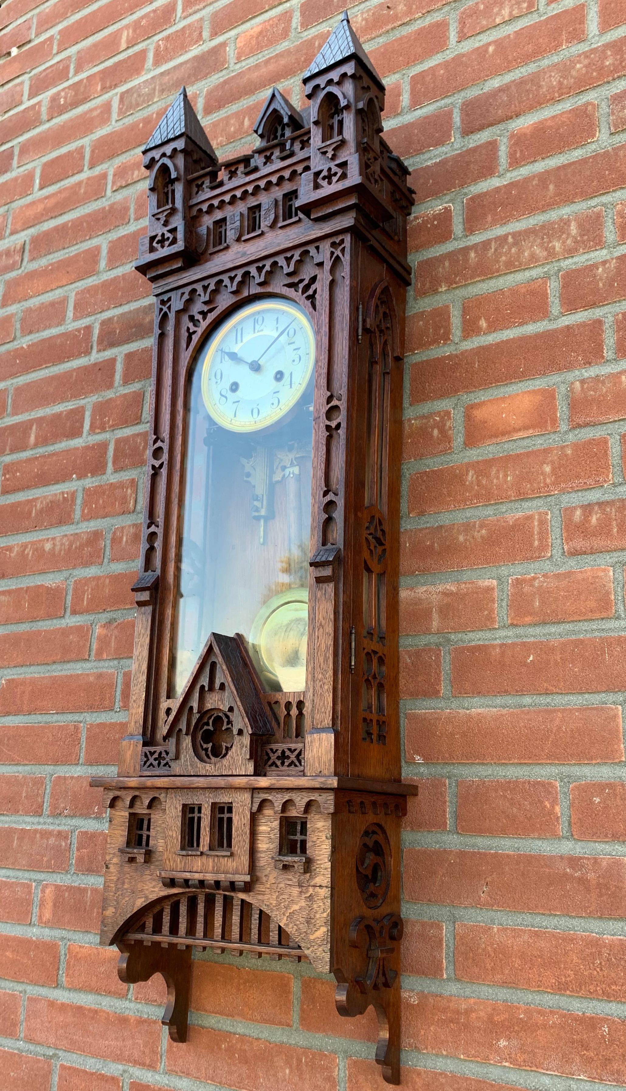 Wood Unique, Large and All Handcrafted Early 20th Century Gothic Revival Wall Clock