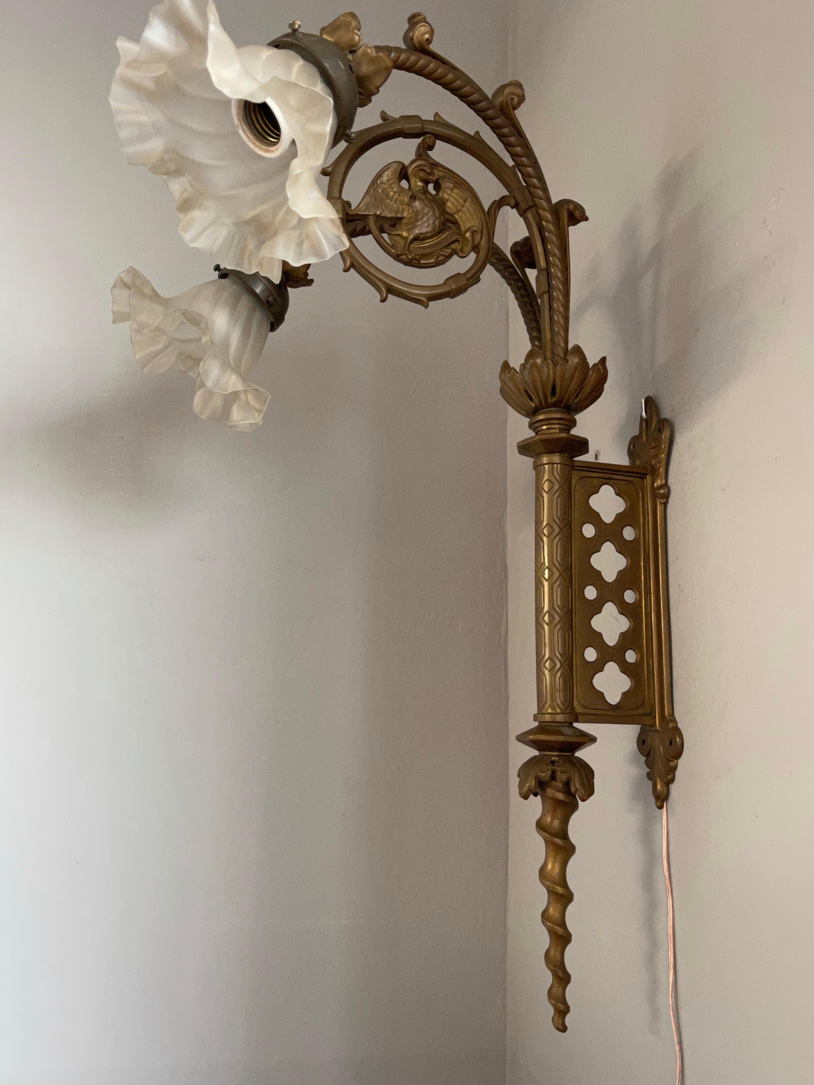 Unique Large and Great Quality Gothic Revival Solid Bronze Two-Light Wall Sconce For Sale 1