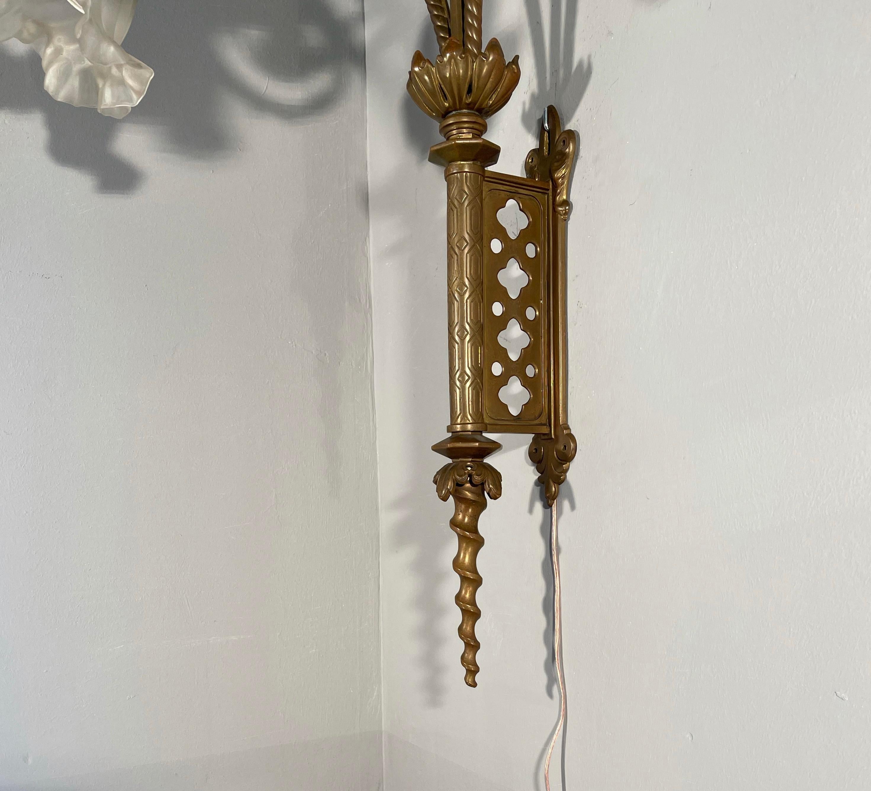 Unique Large and Great Quality Gothic Revival Solid Bronze Two-Light Wall Sconce For Sale 6