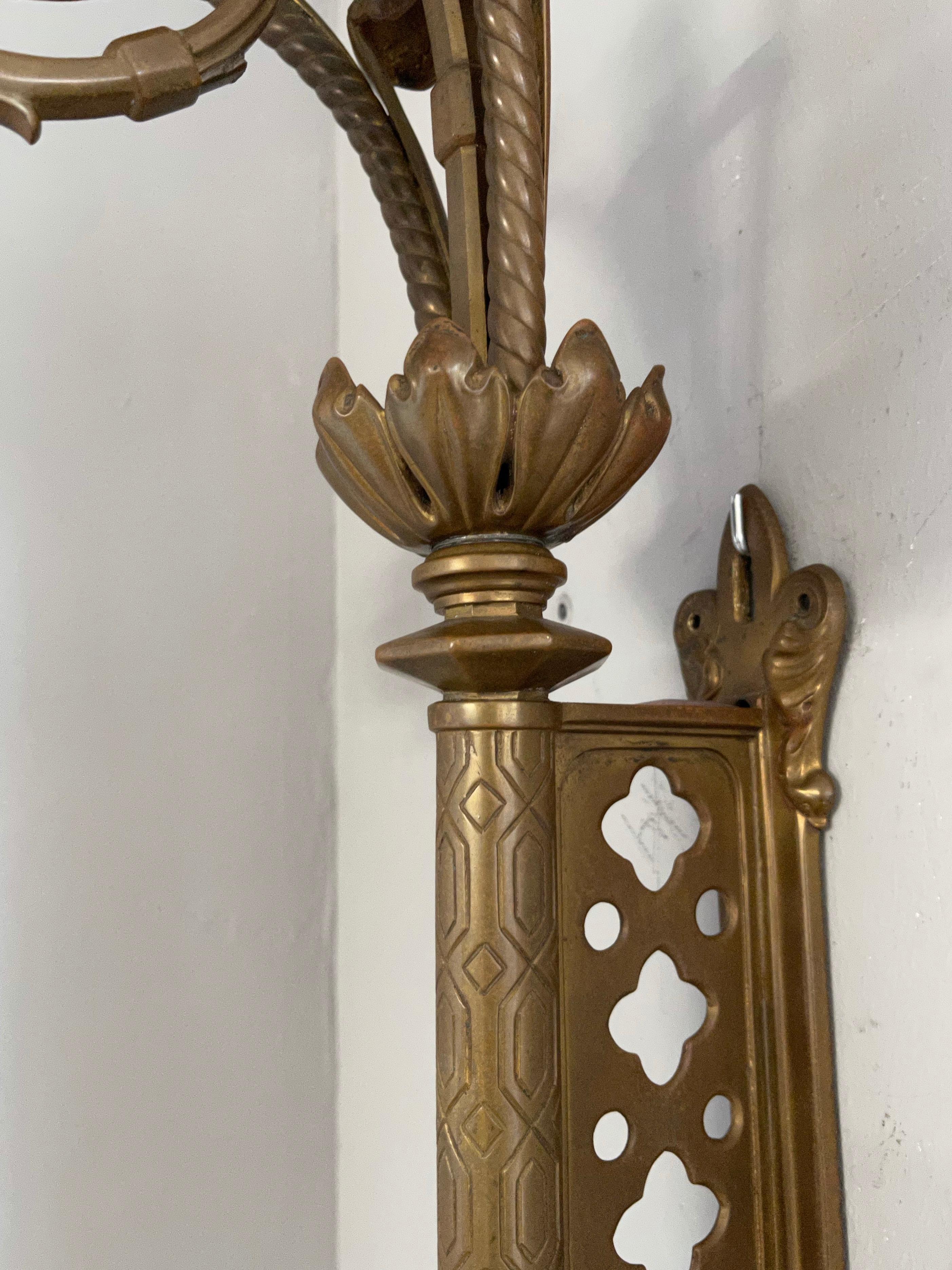 Unique Large and Great Quality Gothic Revival Solid Bronze Two-Light Wall Sconce For Sale 7