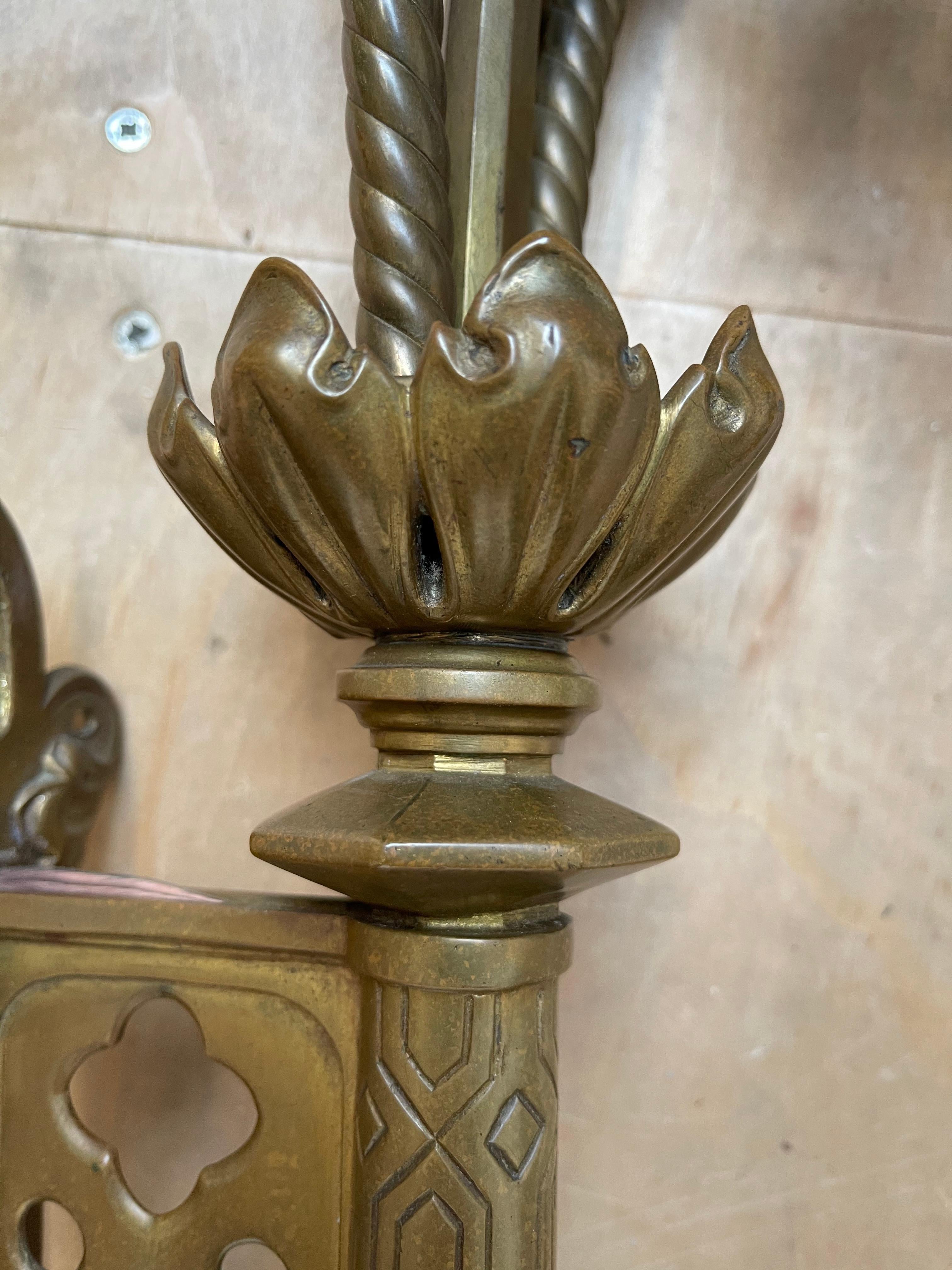 Unique Large and Great Quality Gothic Revival Solid Bronze Two-Light Wall Sconce For Sale 10
