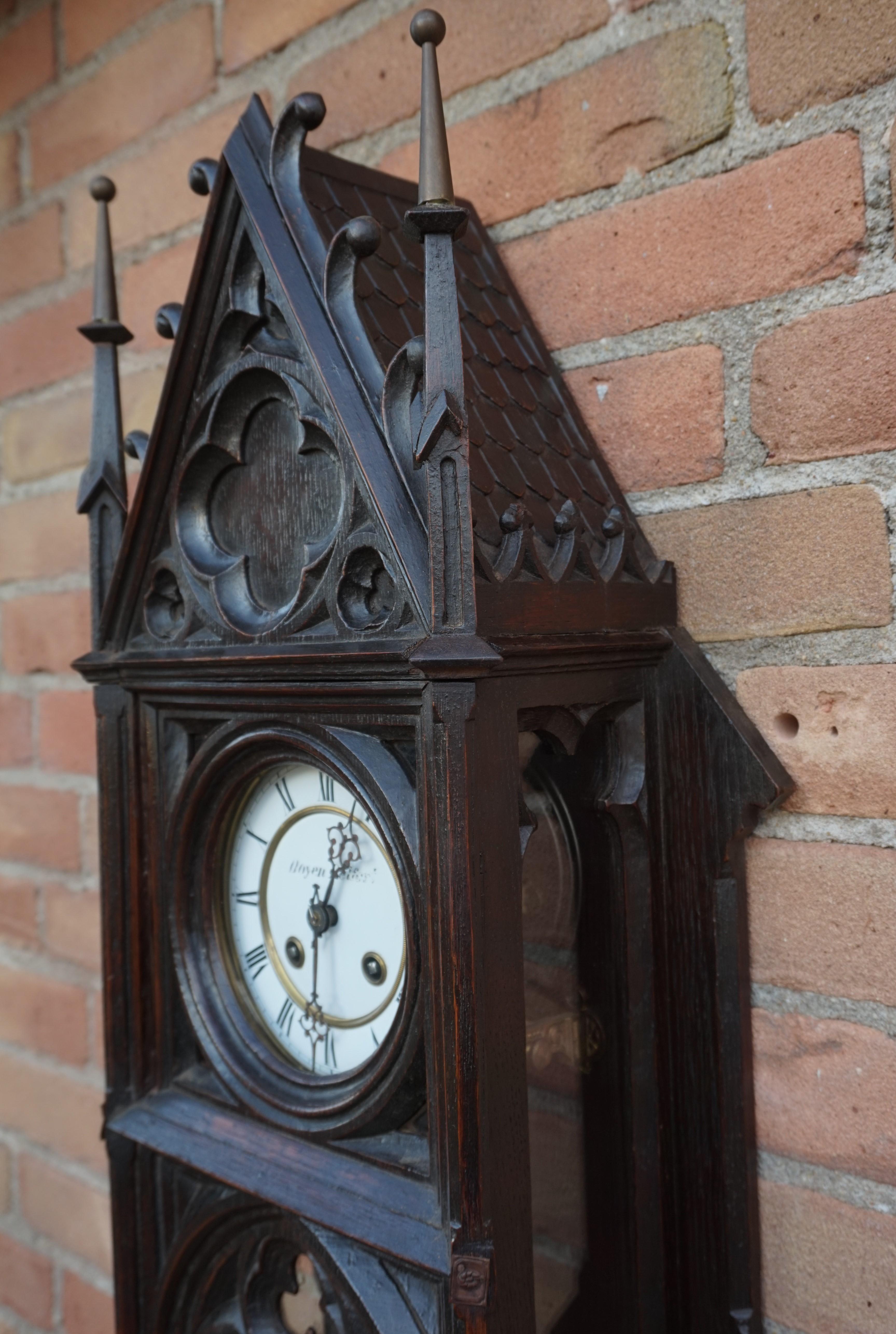 Unique, Large and Hand Carved Early 20th Century Gothic Revival Wall Clock 9