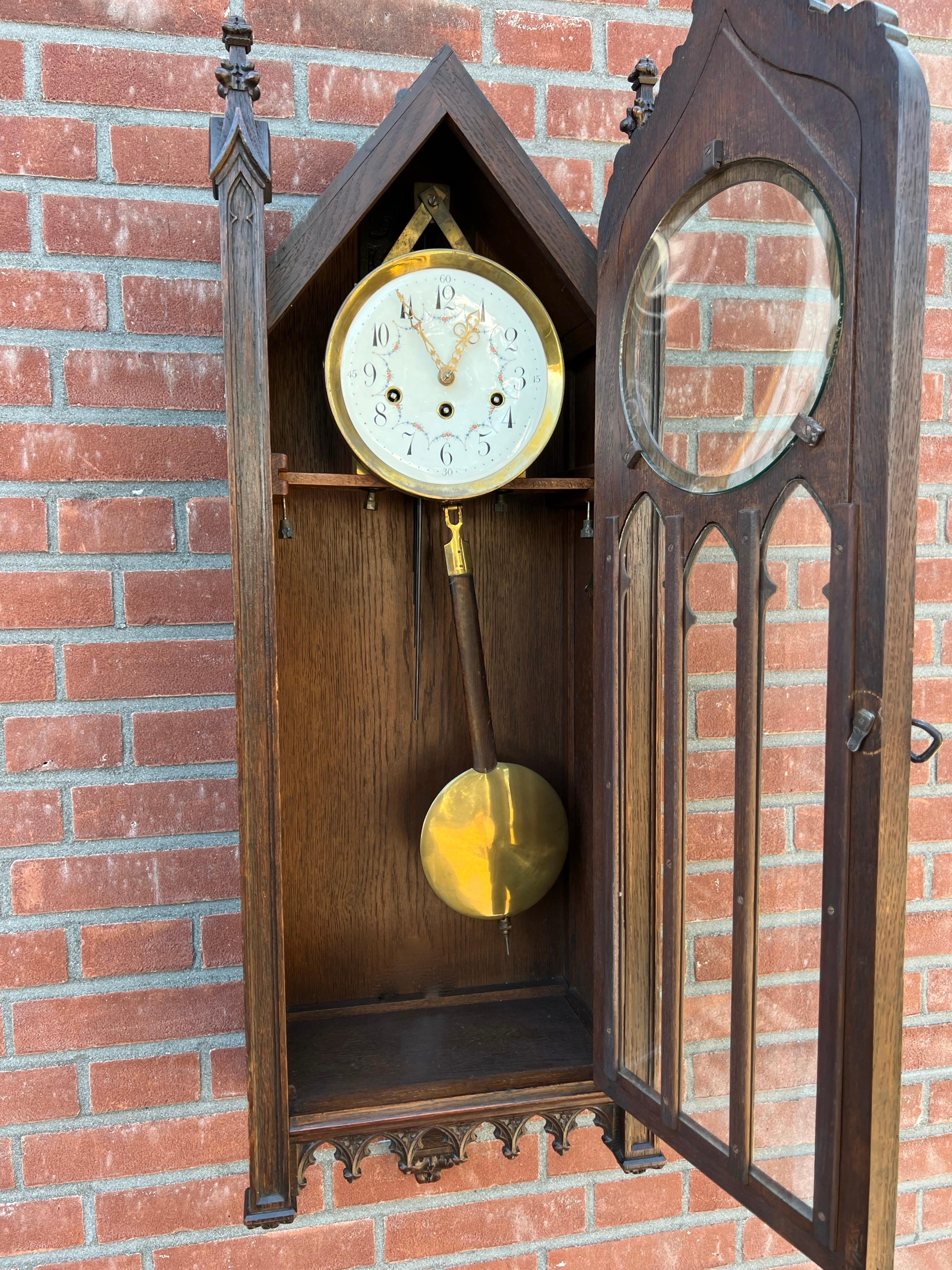 Brass Large and Hand Carved Gothic Revival with Carillon Sound Wall Clock, ca 1900 For Sale