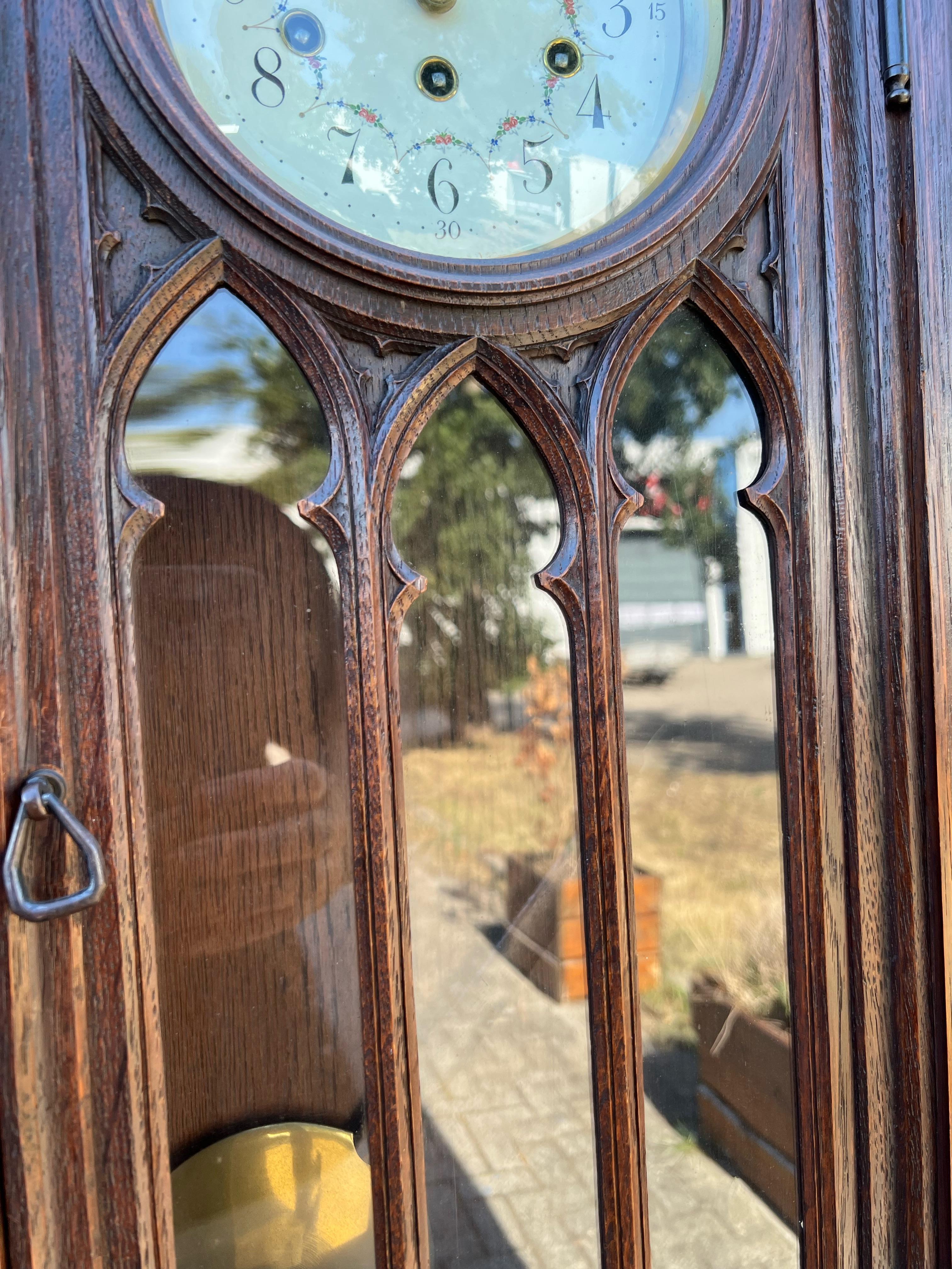 Large and Hand Carved Gothic Revival with Carillon Sound Wall Clock, ca 1900 For Sale 5