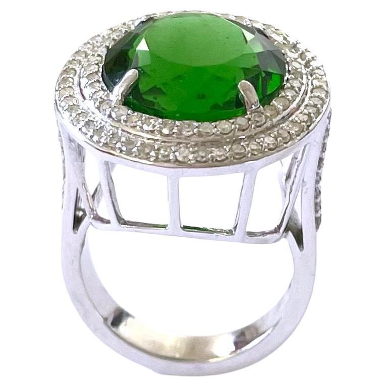 Unique Large and Rare Green Chrome Diopside with Pave Diamonds Ring For Sale