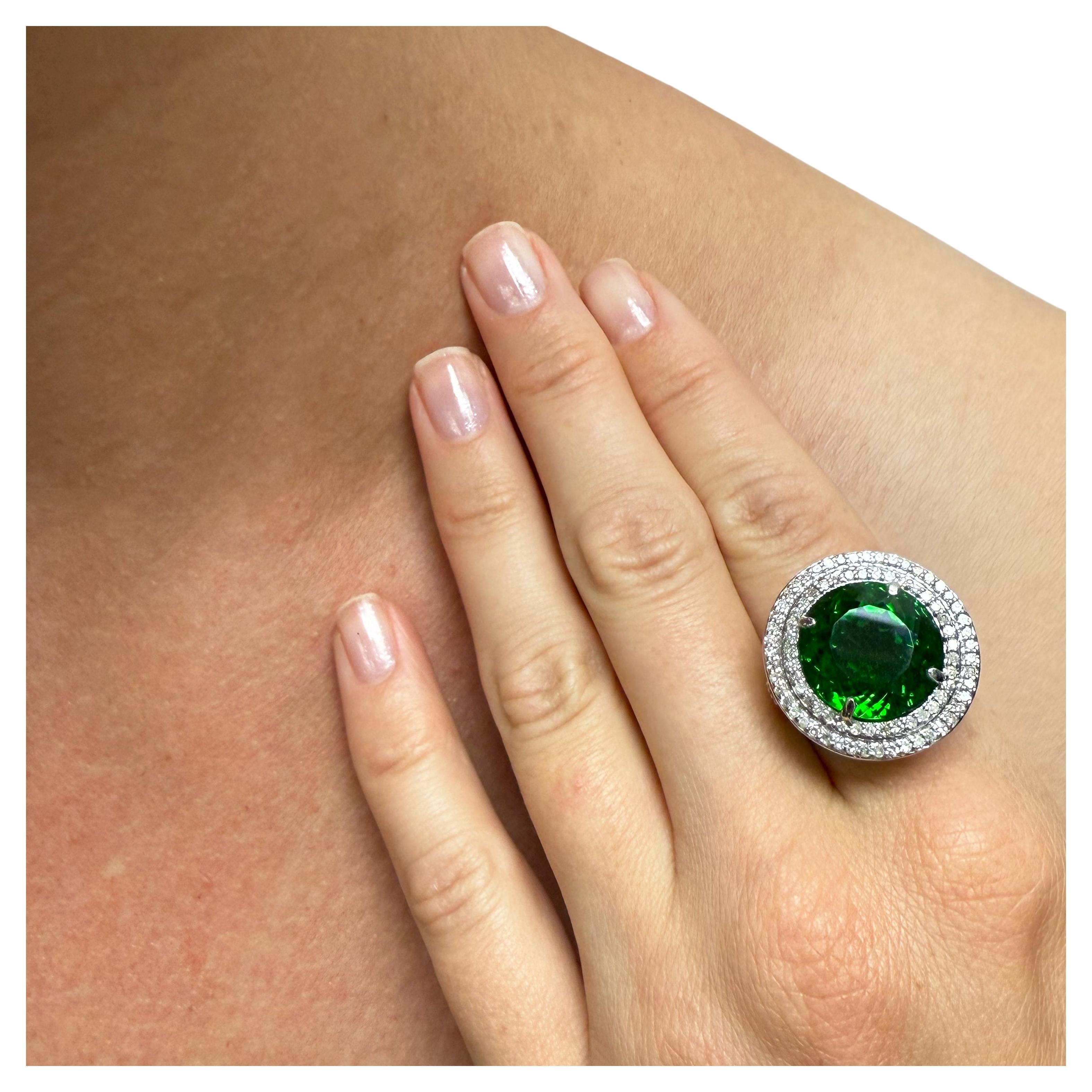 Unique Large and Rare Green Chrome Diopside with Diamonds Ring For Sale