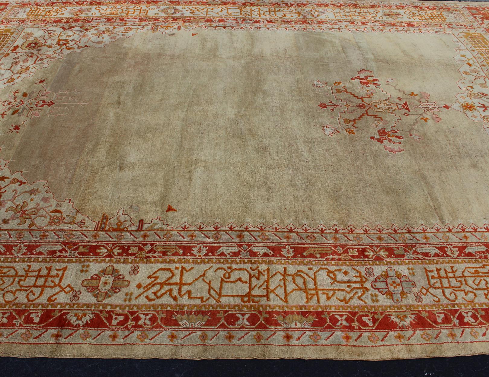 Large Antique Oushak Rug in Taupe / Light Green Background and Red Border For Sale 3