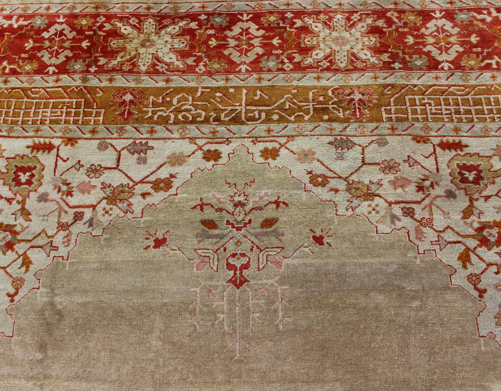 Large Antique Oushak Rug in Taupe / Light Green Background and Red Border For Sale 6