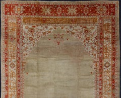 Large Antique Oushak Rug in Taupe / Light Green Background and Red Border
