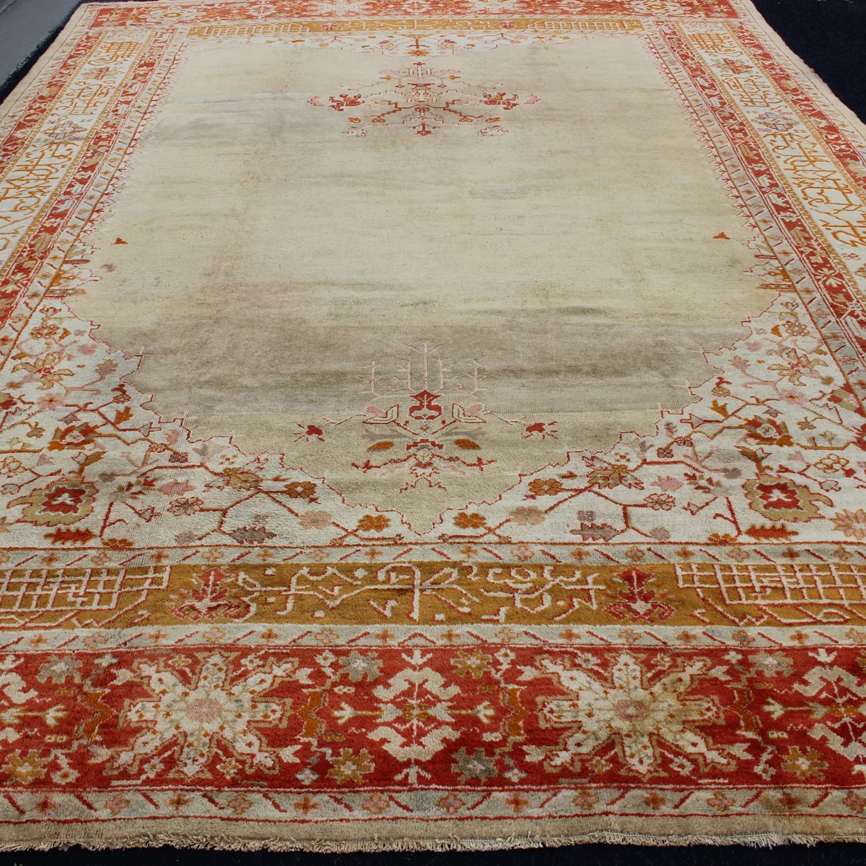 Large Antique Oushak Rug in Taupe / Light Green Background and Red Border For Sale 1