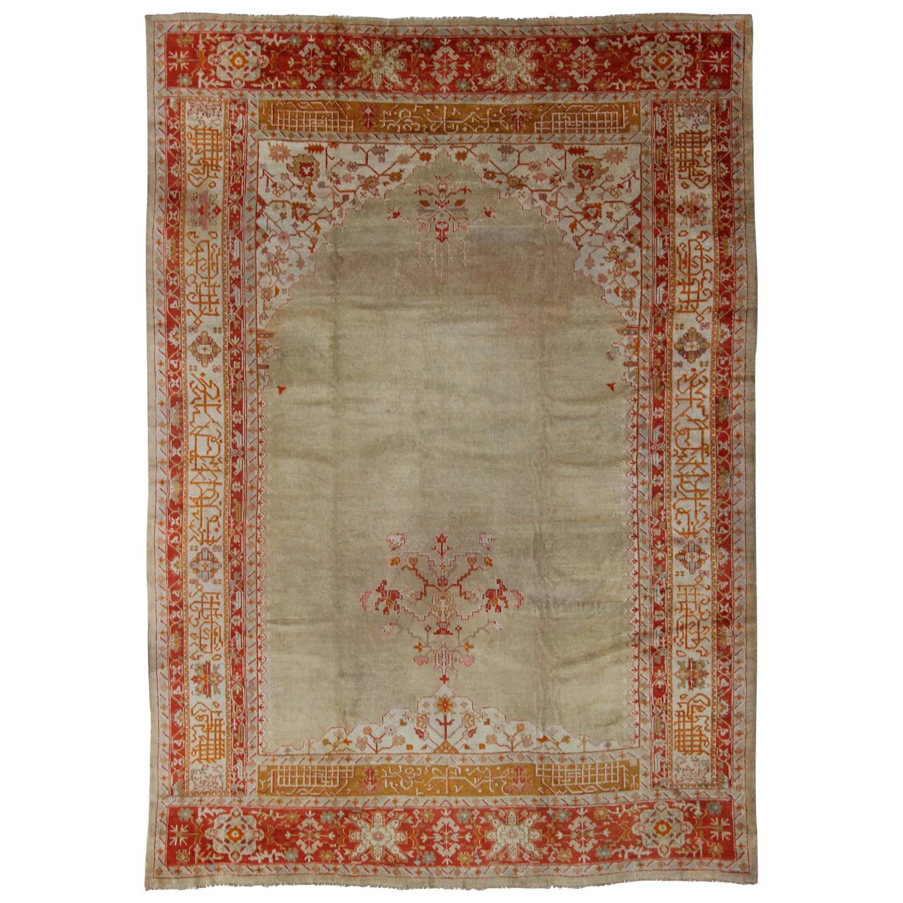 Large Antique Oushak Rug in Taupe / Light Green Background and Red Border For Sale