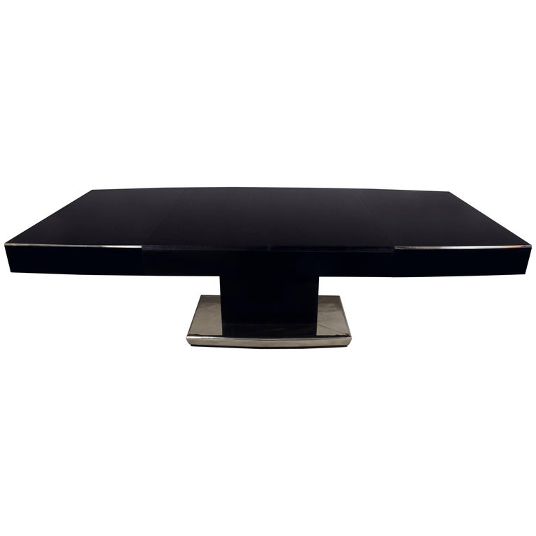 Unique Large Art Deco Extendable Dining Table Black Glass Chrome Accessories