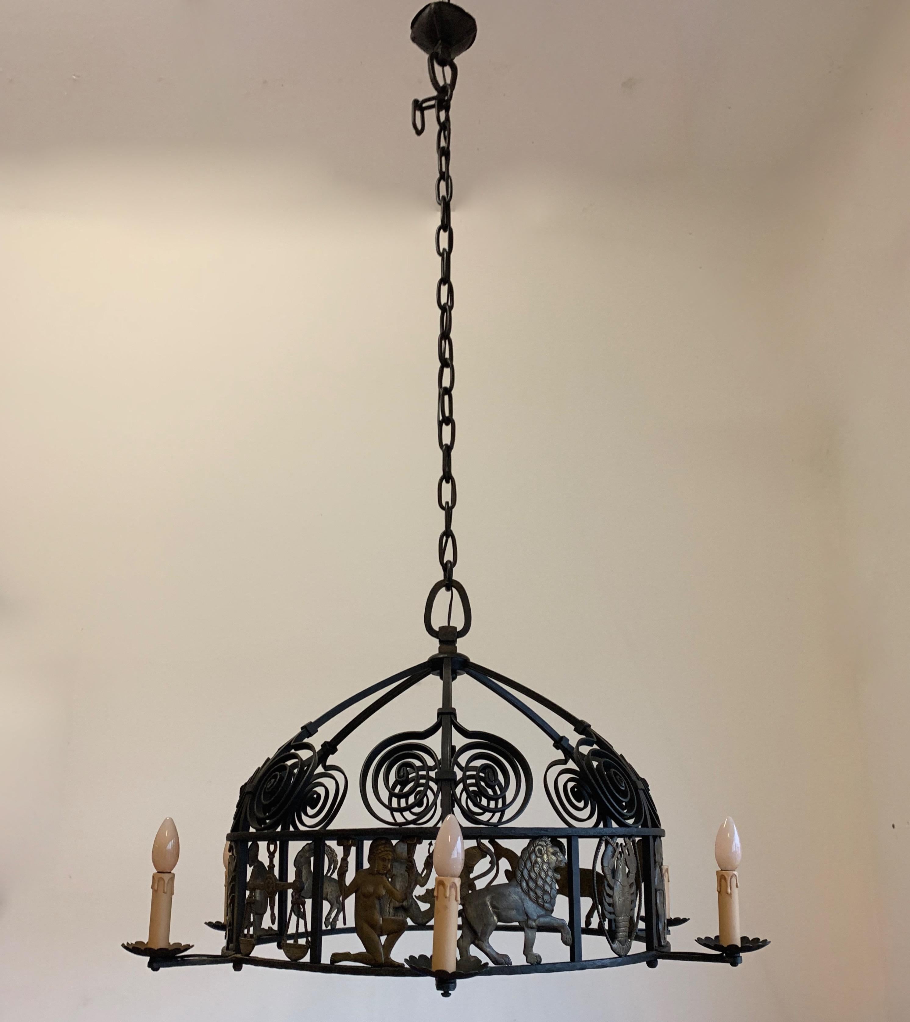 20th Century Unique and Large Arts & Crafts Wrought Iron Chandelier with Bronze Zodiac Signs