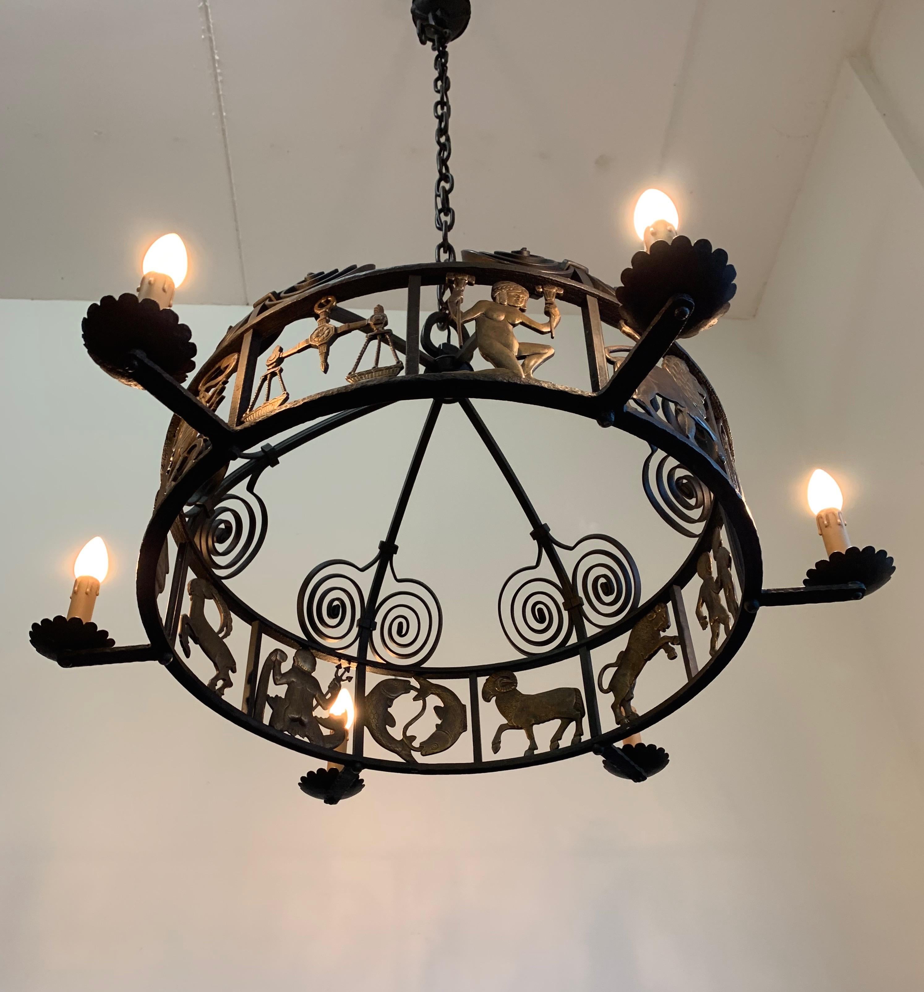 Unique and Large Arts & Crafts Wrought Iron Chandelier with Bronze Zodiac Signs 1