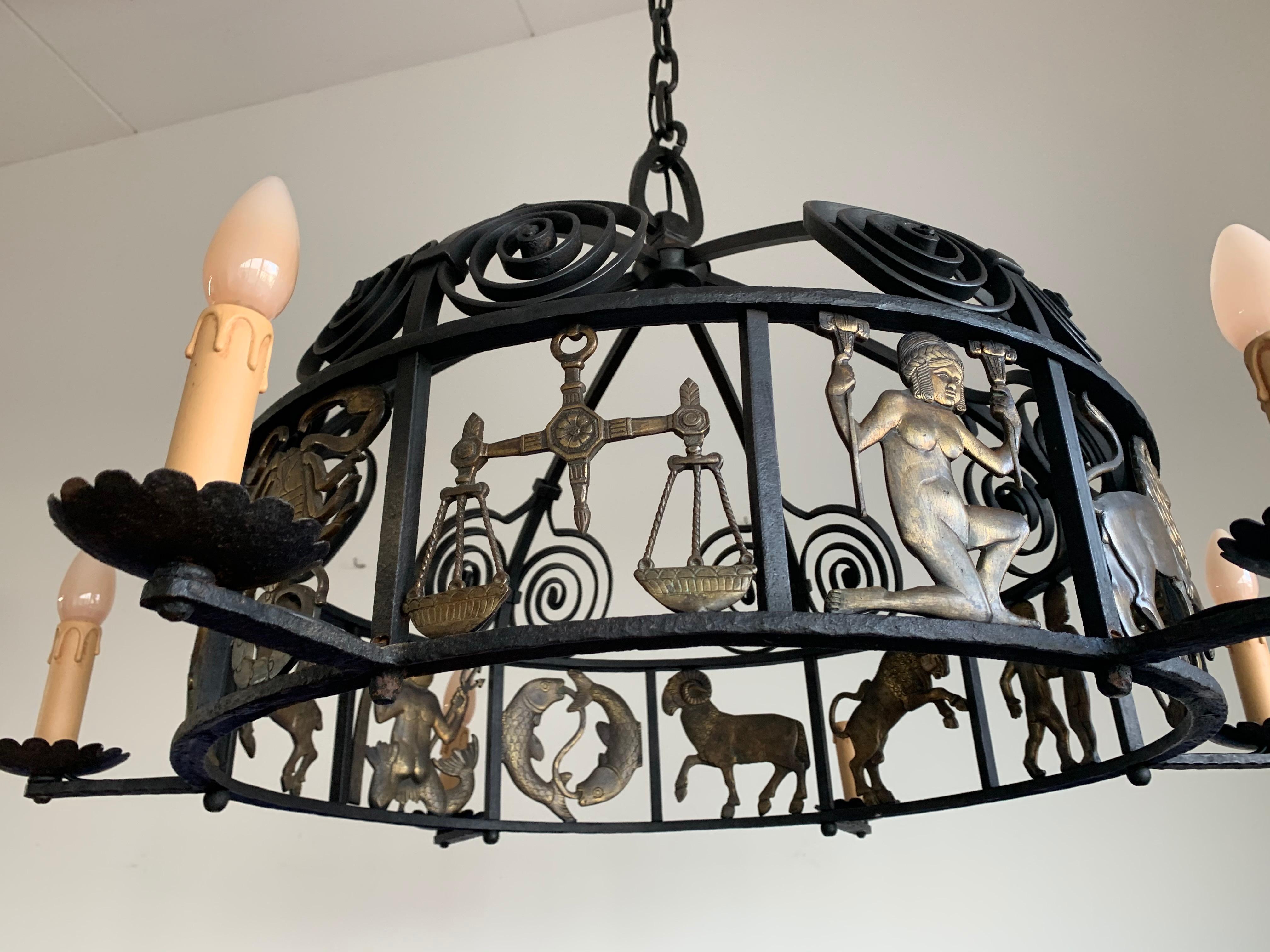 Unique and Large Arts & Crafts Wrought Iron Chandelier with Bronze Zodiac Signs 5